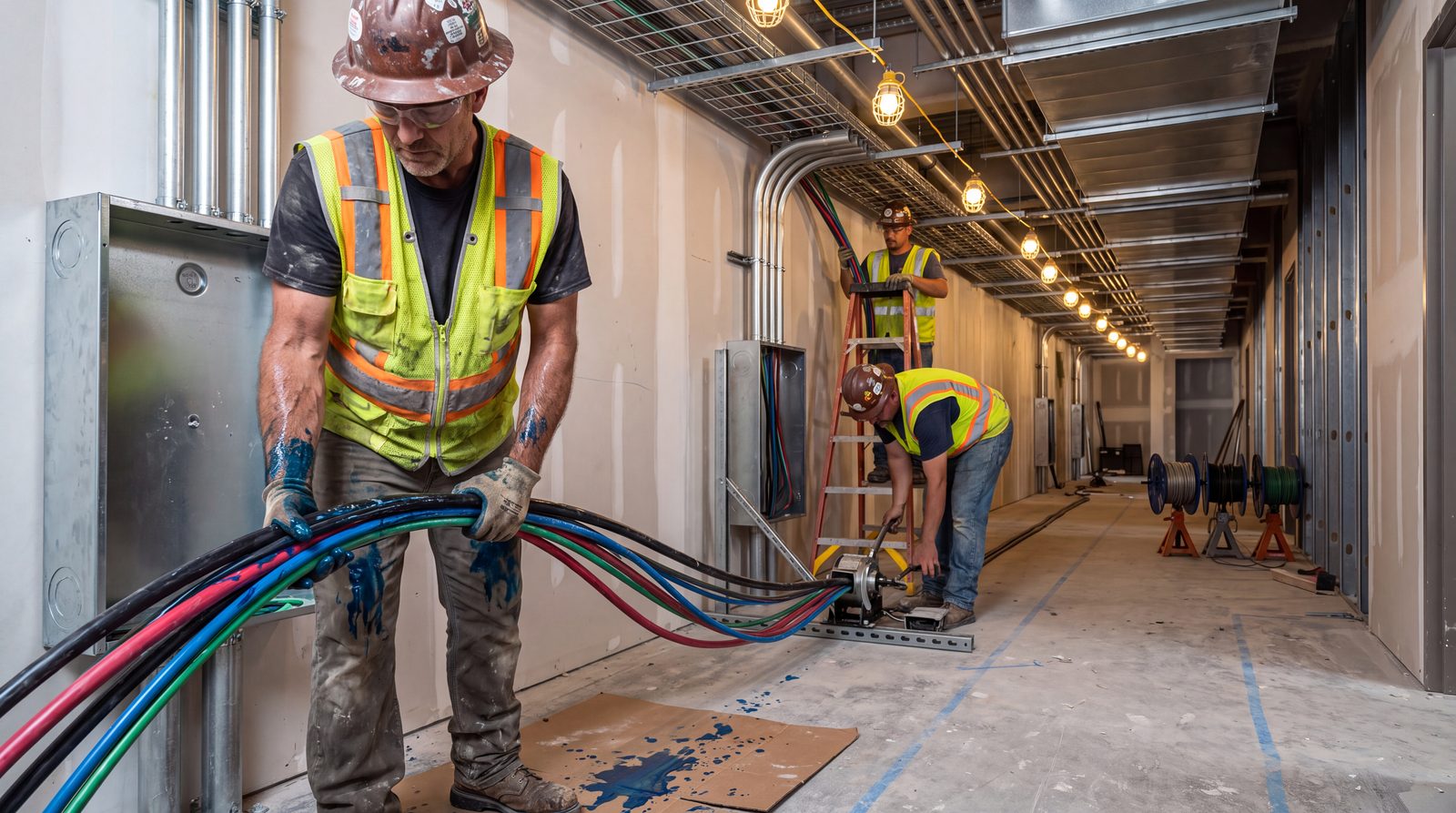 Electrician pulling feeder cable through a medical office corridor