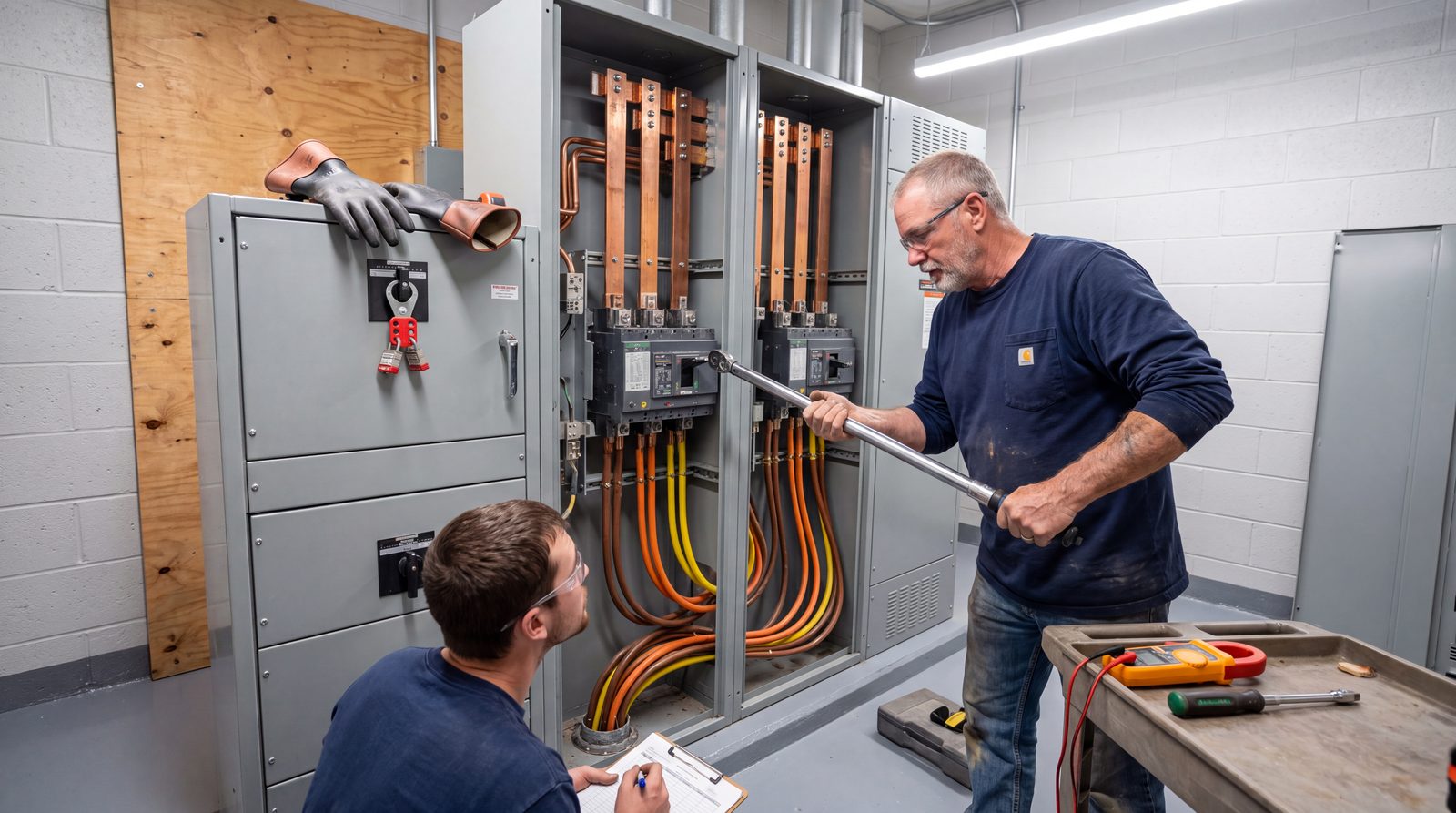 Electricians terminating conductors in commercial switchgear