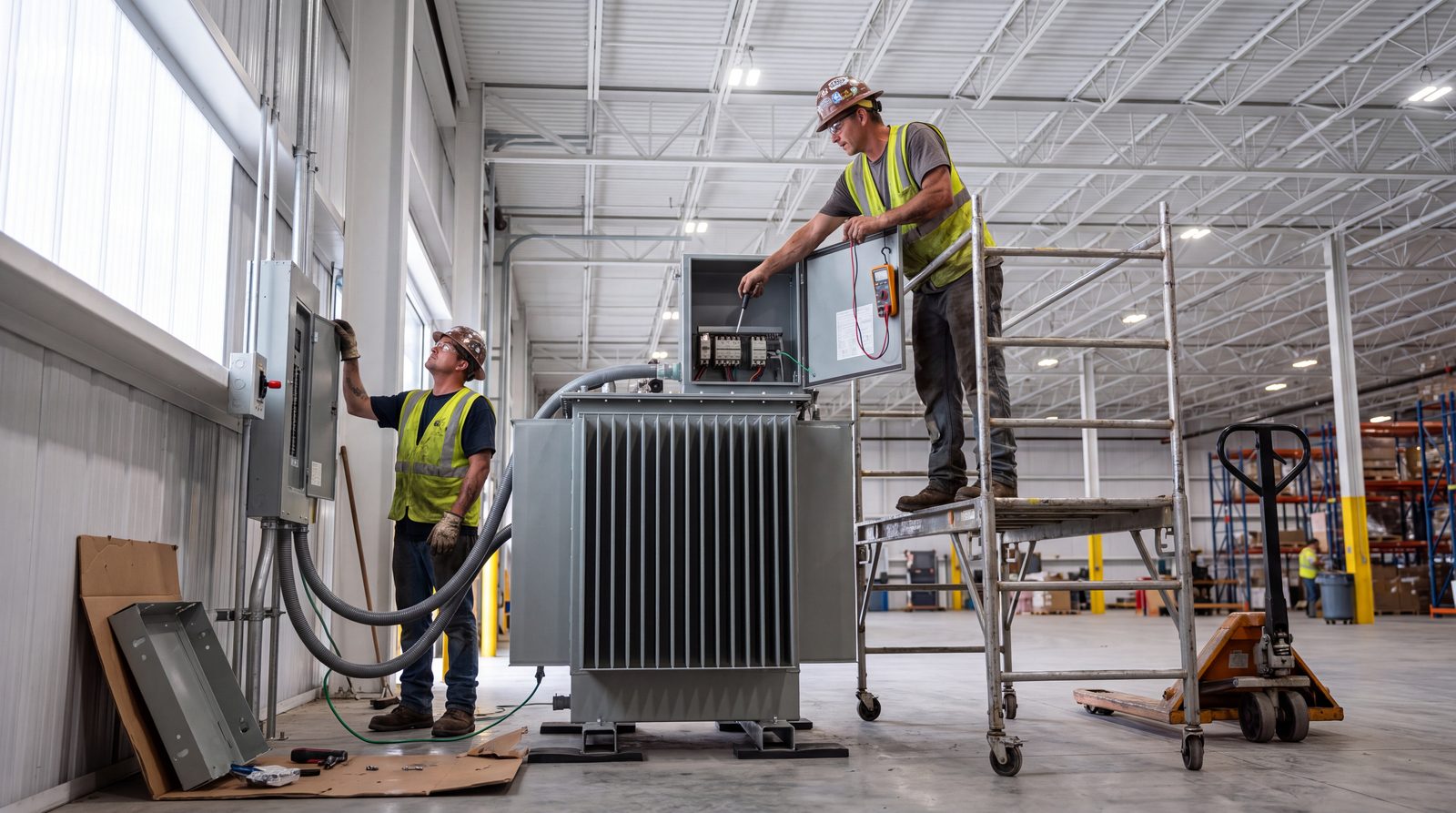 Electricians setting a dry-type transformer in an industrial building