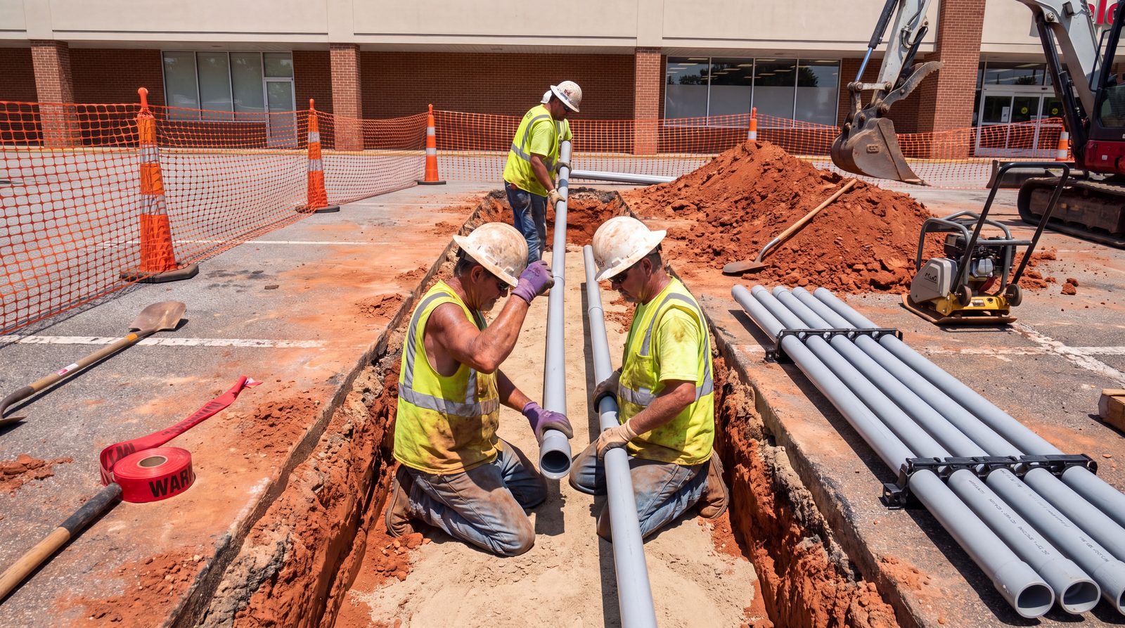 Crew installing an underground duct bank across a parking lot
