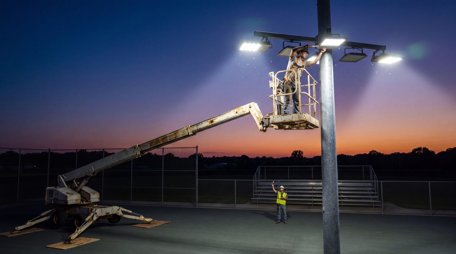 Bucket truck servicing sports field lighting at dusk
