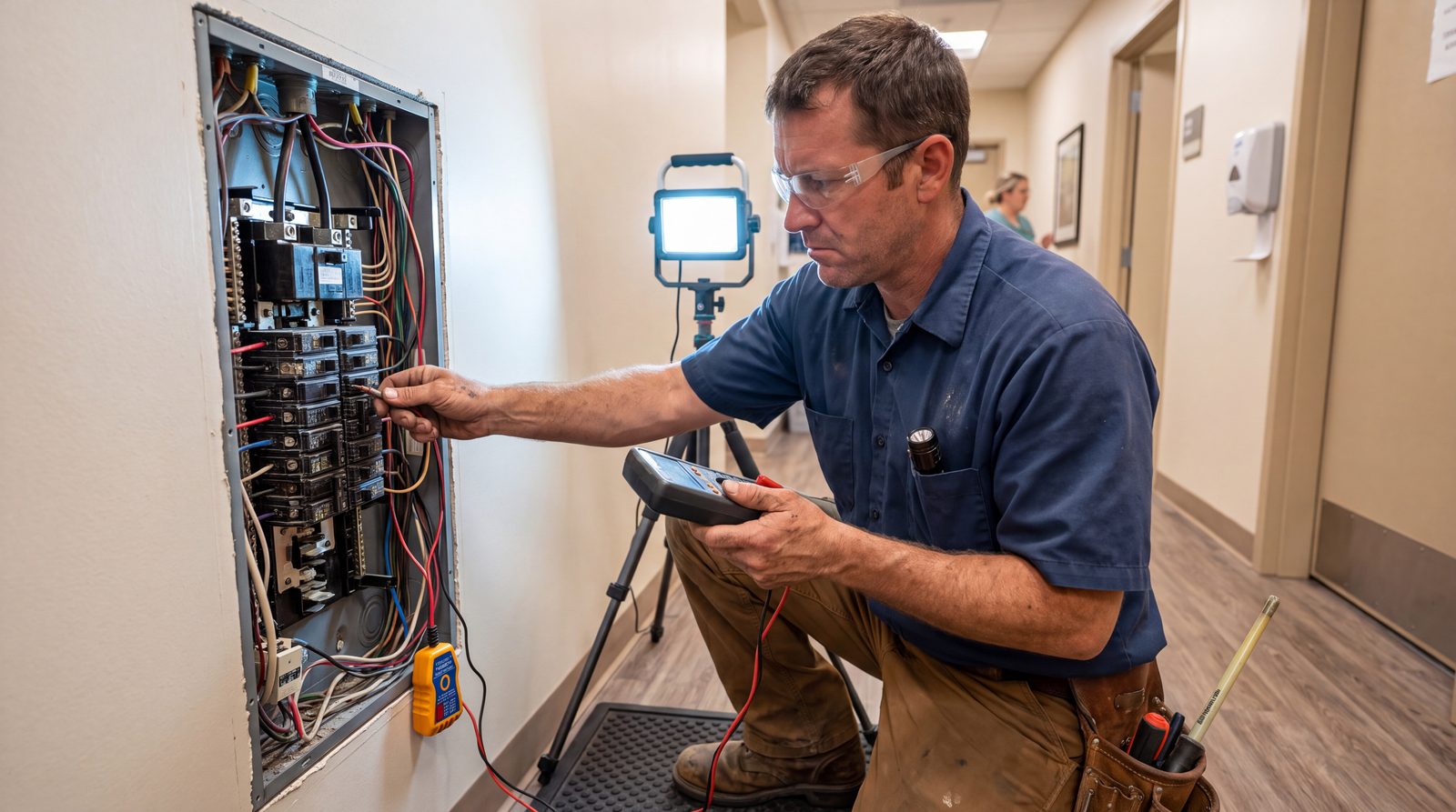Electrician troubleshooting a panel with a meter in a clinic corridor