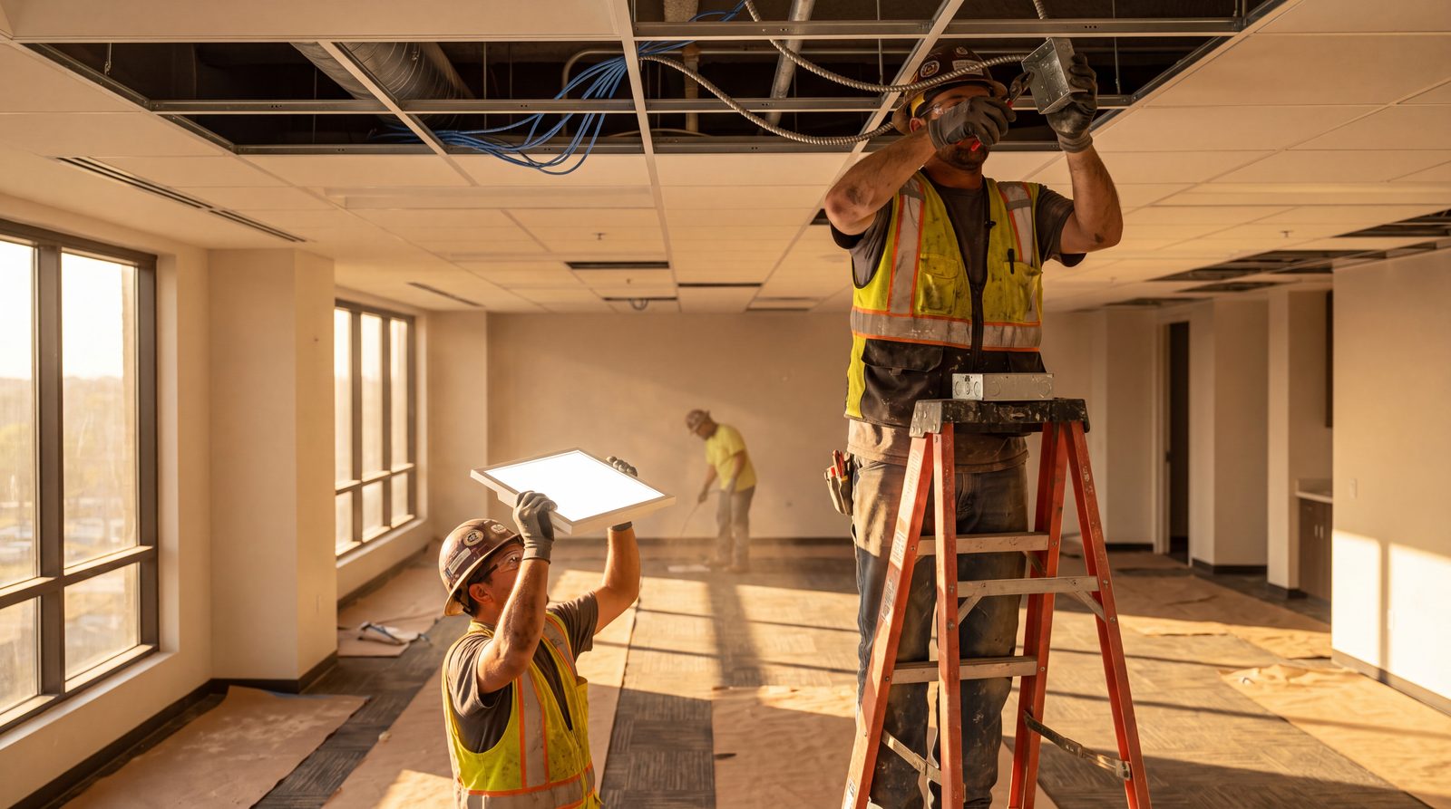 Electricians running rough-in above an open ceiling grid in an office build