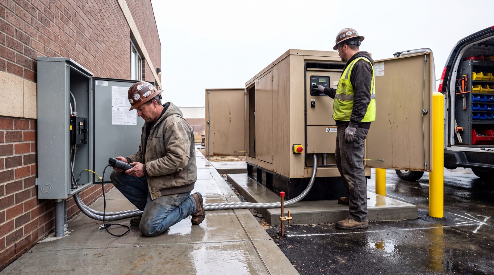 Electricians commissioning a standby generator and transfer switch