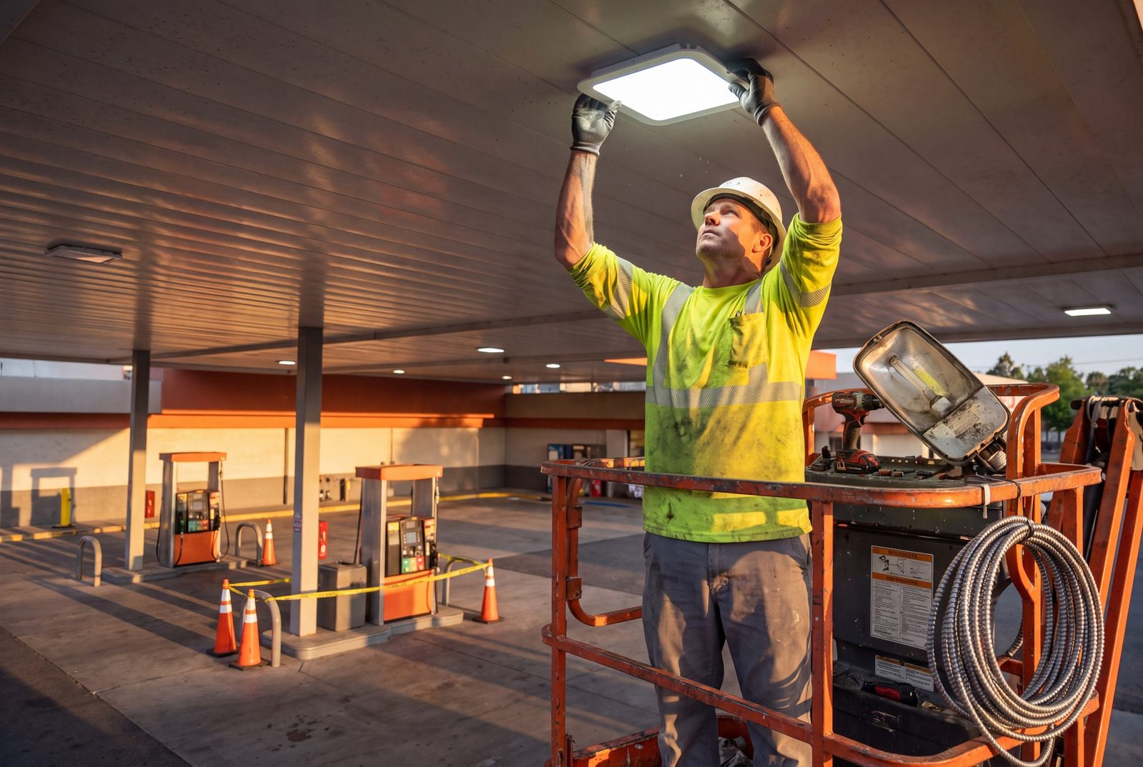 Electrician replacing a canopy light fixture over fuel islands