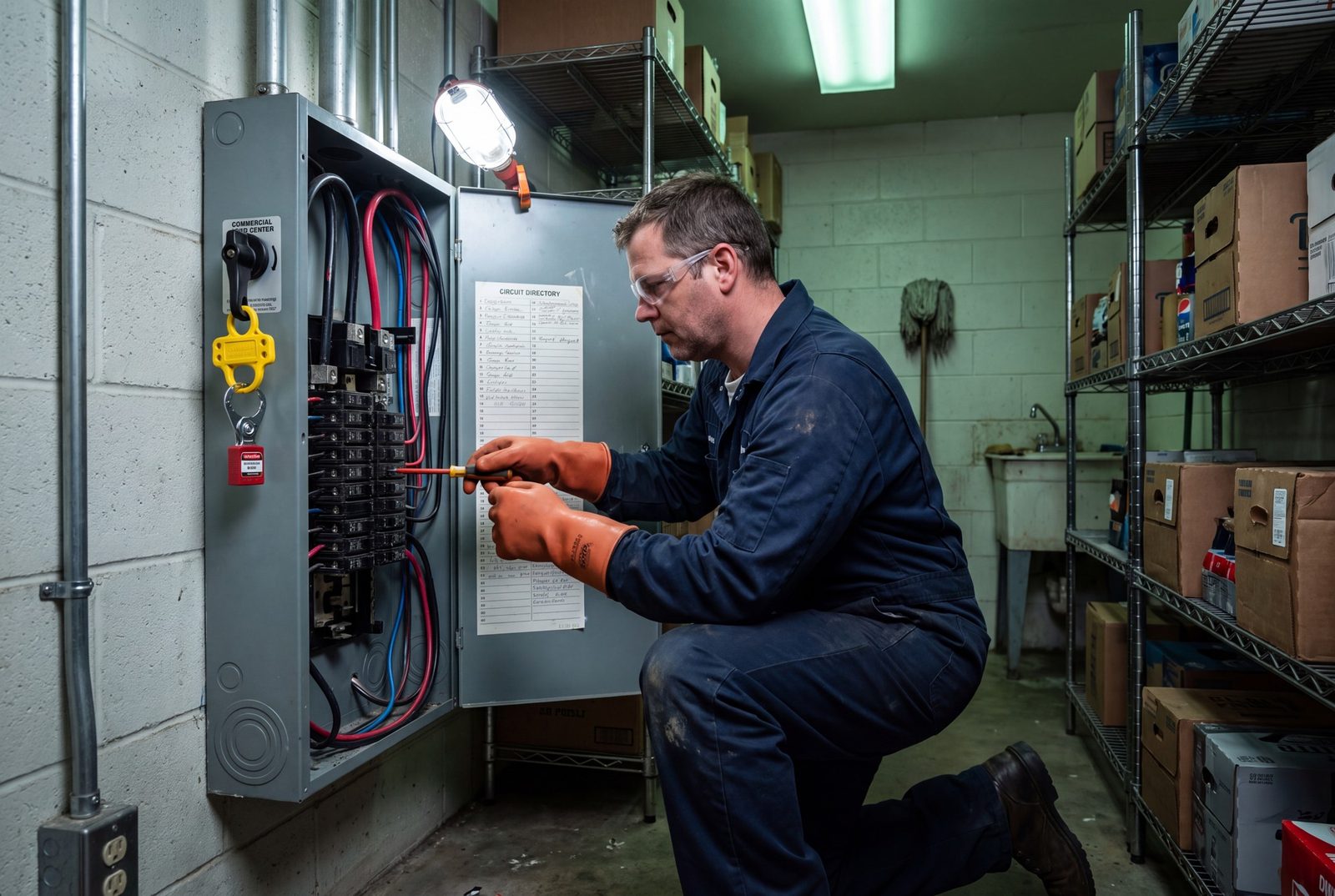 Electrician working inside an electrical panel in a convenience store back room