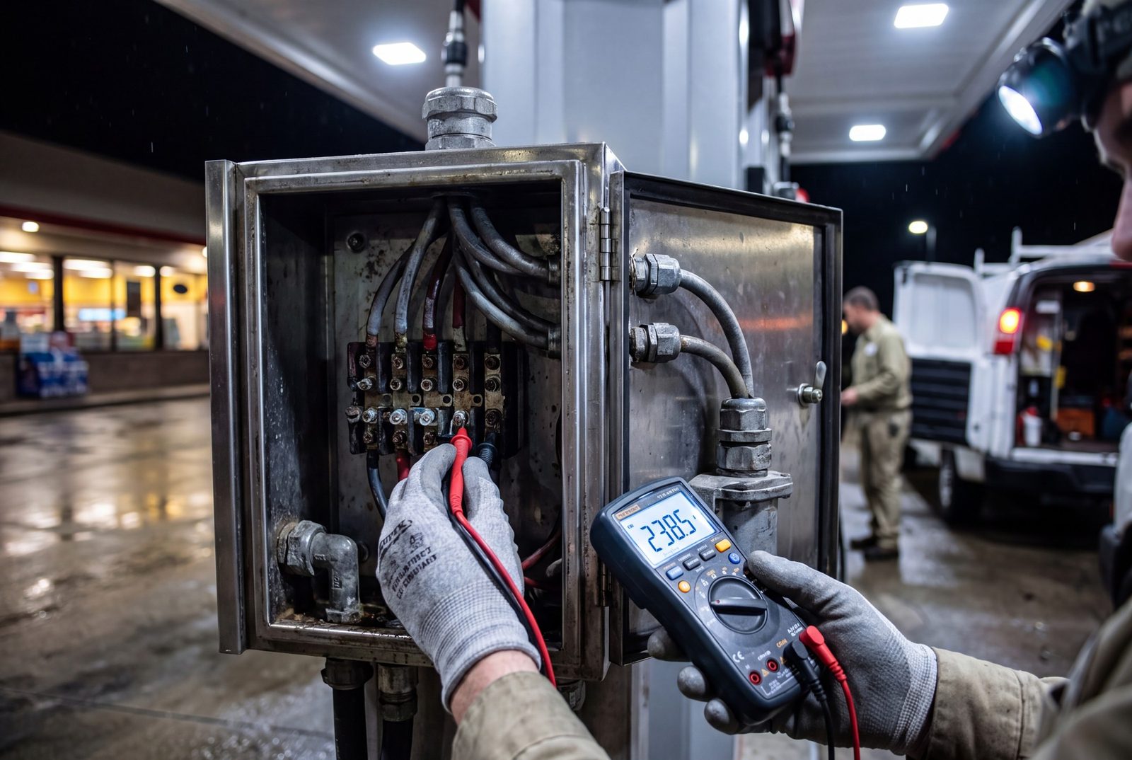 Electrician testing dispenser wiring with a multimeter at night
