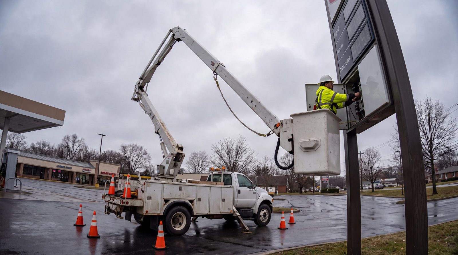 Bucket truck servicing a tall roadside fuel price sign