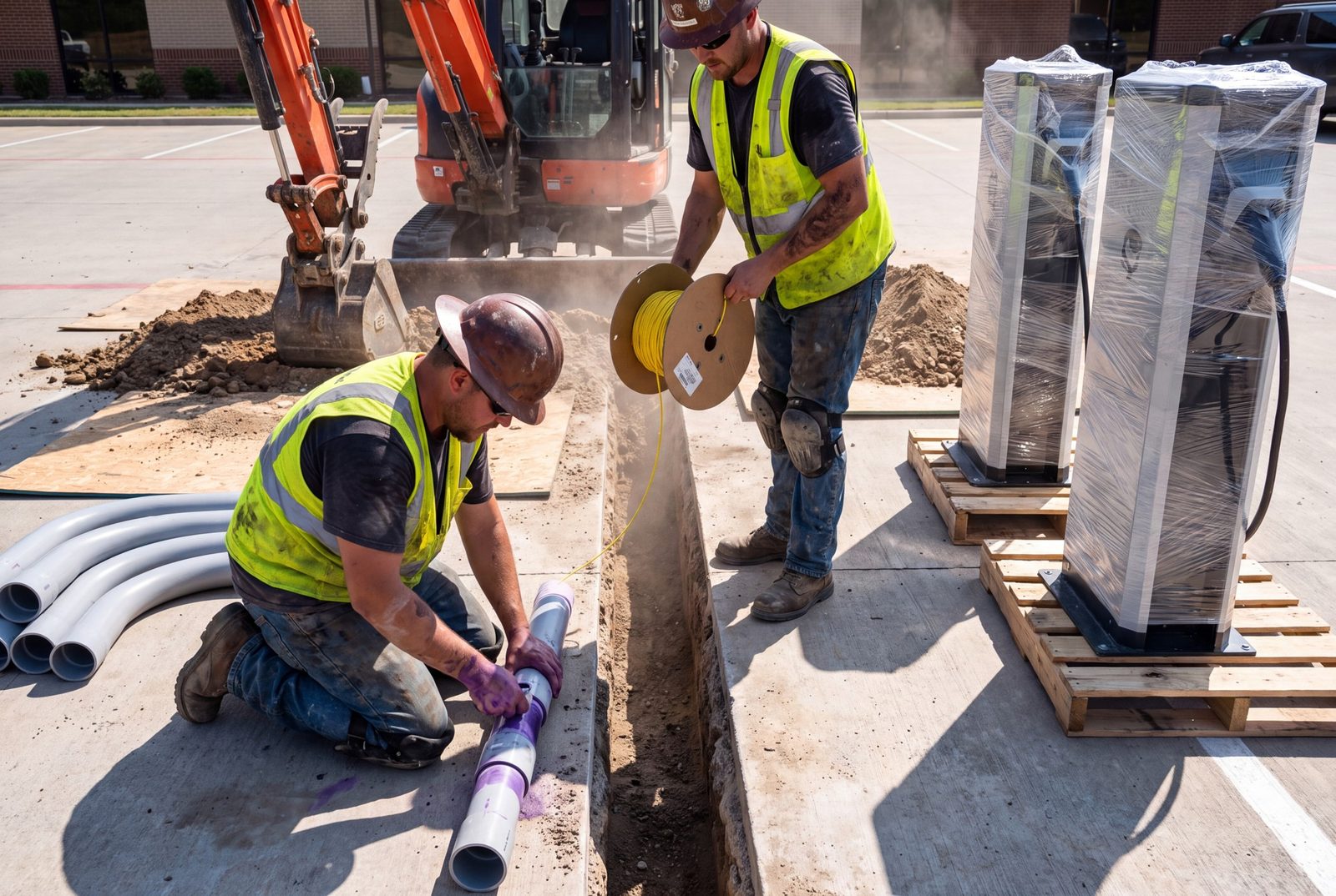Crew trenching and installing conduit for EV charging stations at a fuel site