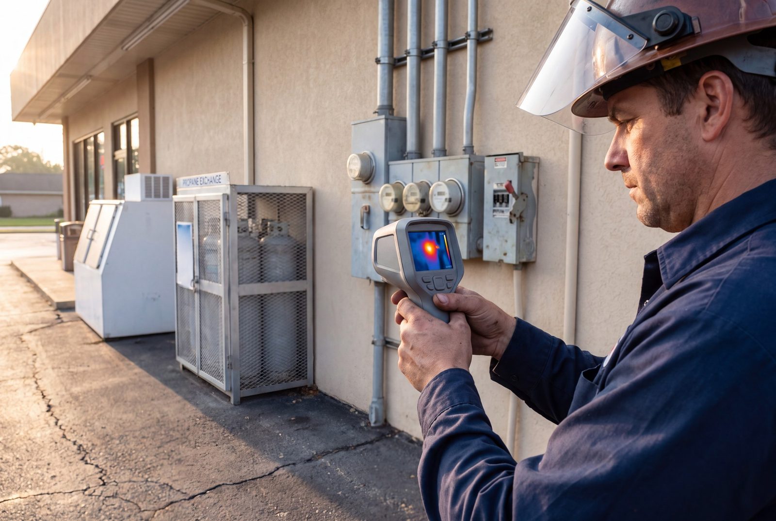 Technician thermal-scanning an exterior meter bank