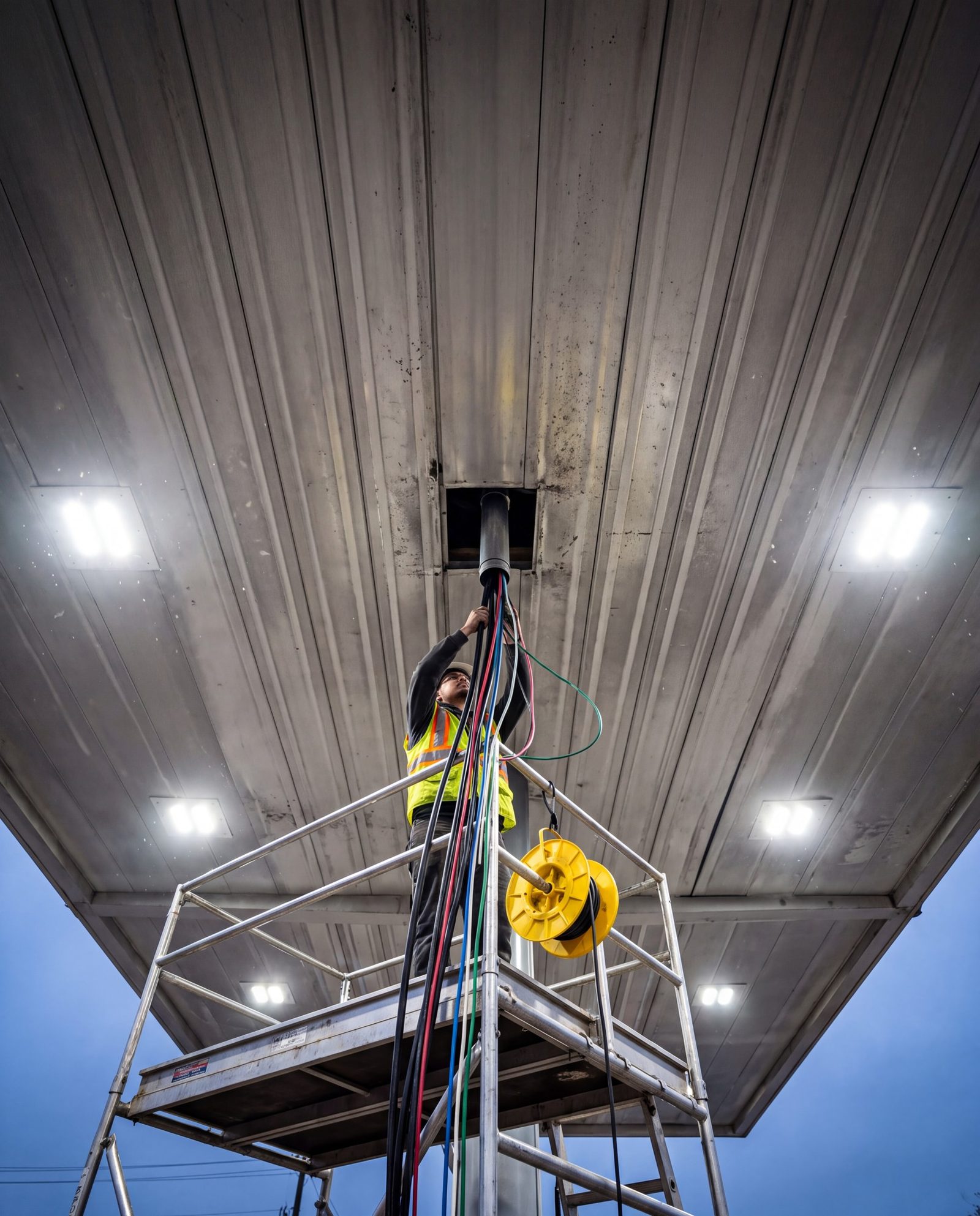 Electrician pulling wire in a fuel canopy from a scissor lift at dusk