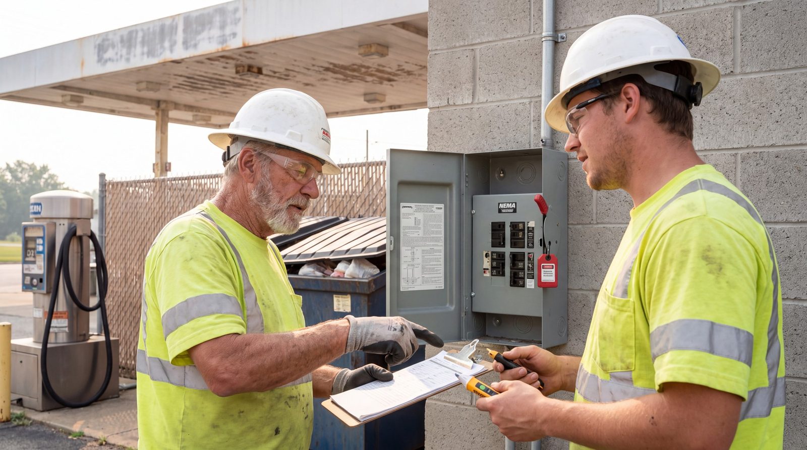Two electricians reviewing a lockout at an exterior disconnect