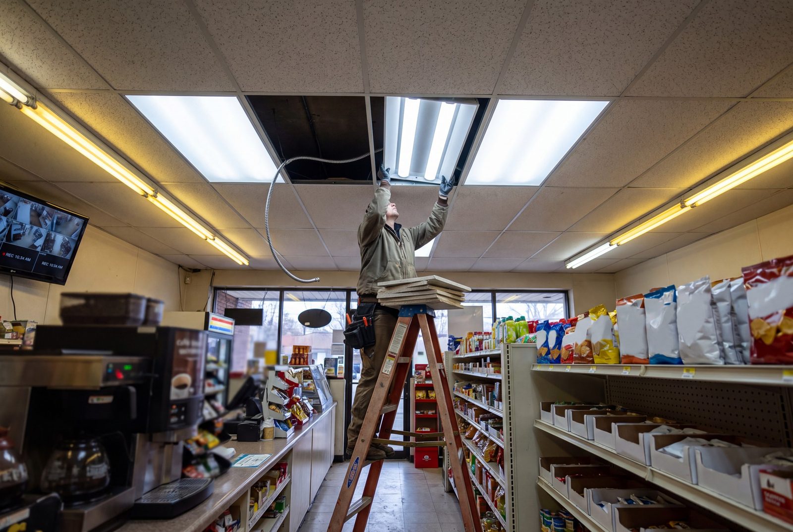 Electrician replacing ceiling lighting inside a convenience store