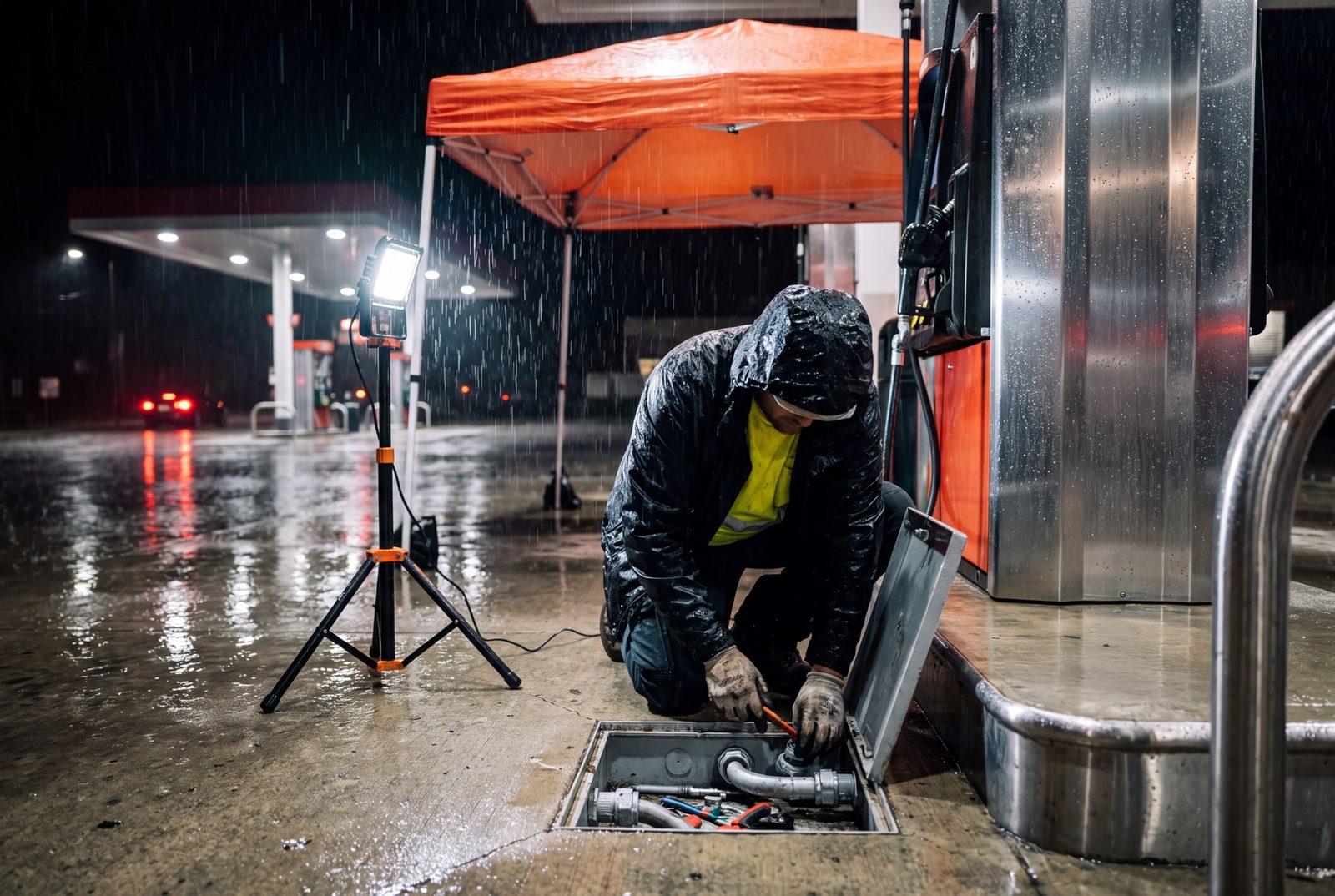 Electrician making a pump island repair in the rain at night