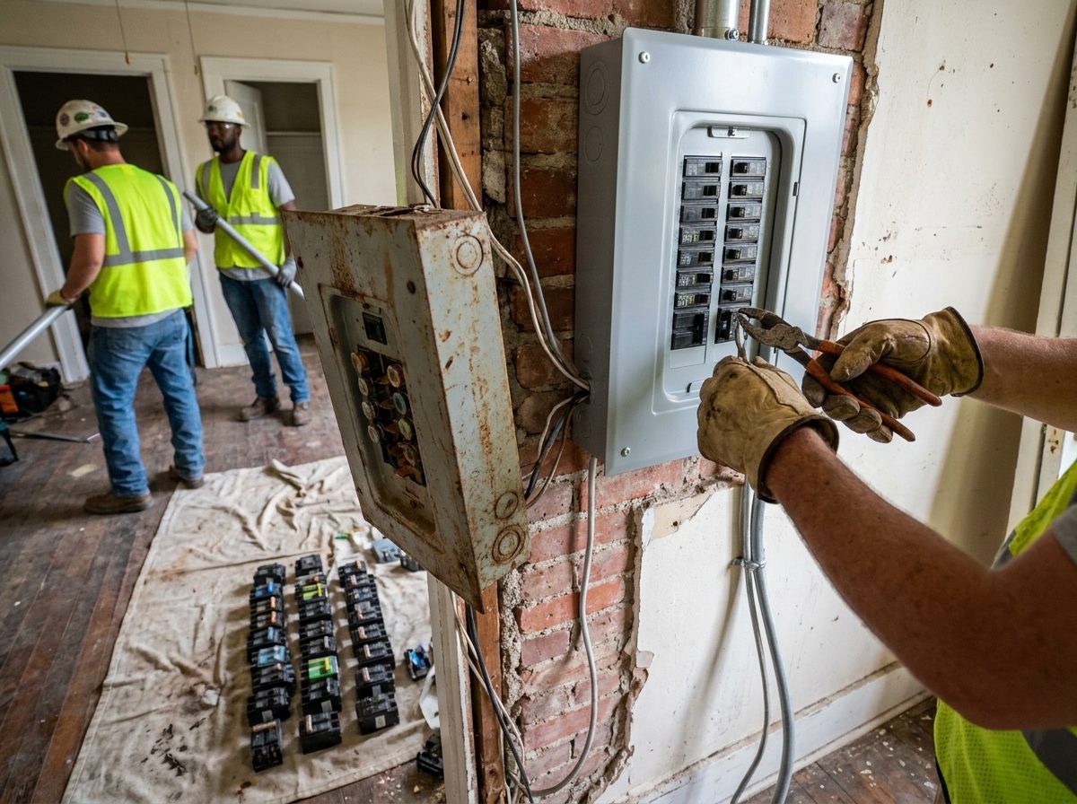 Obsolete panel being removed from a brick wall during a value-add renovation