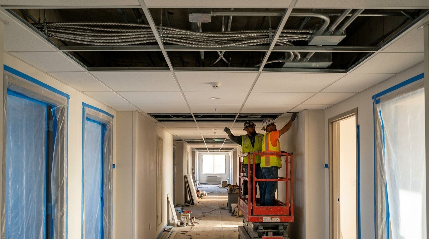 Corridor renovation underway from a lift with the ceiling opened up