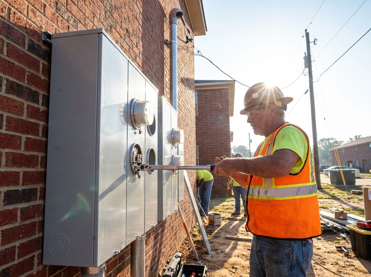 Electrician servicing an exterior meter bank and disconnects on a retail site