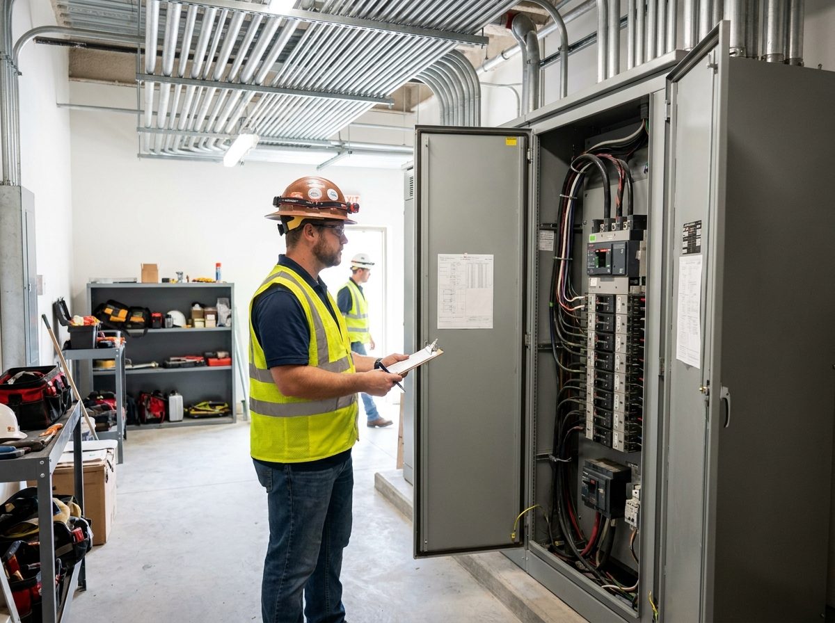 Electrician documenting panel work against the scope at an open gear enclosure