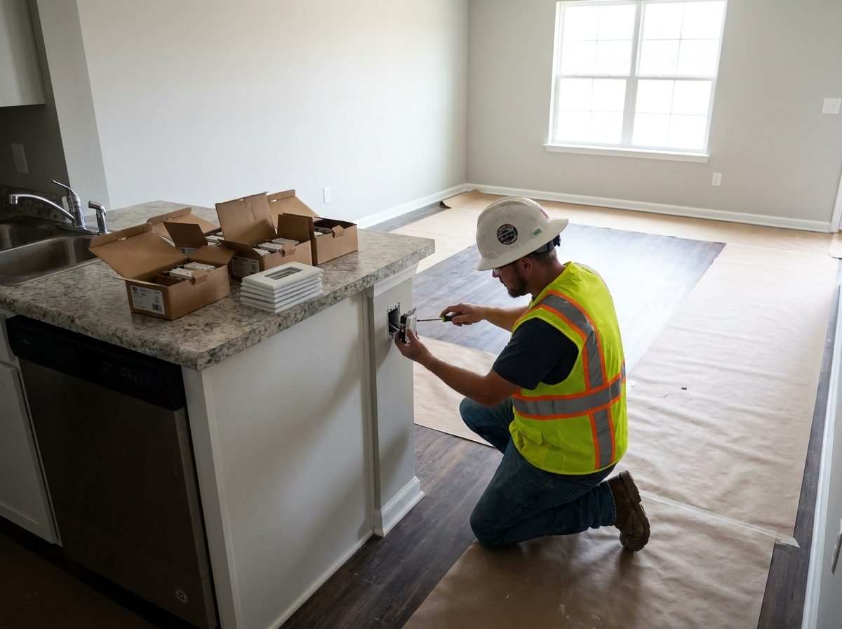 Electrician setting devices in a turned unit with fixtures still boxed on the counter