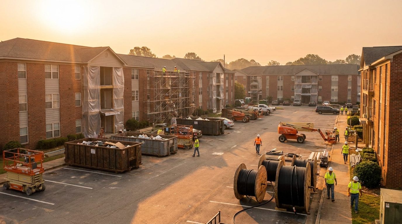 Garden apartment complex under renovation at golden hour