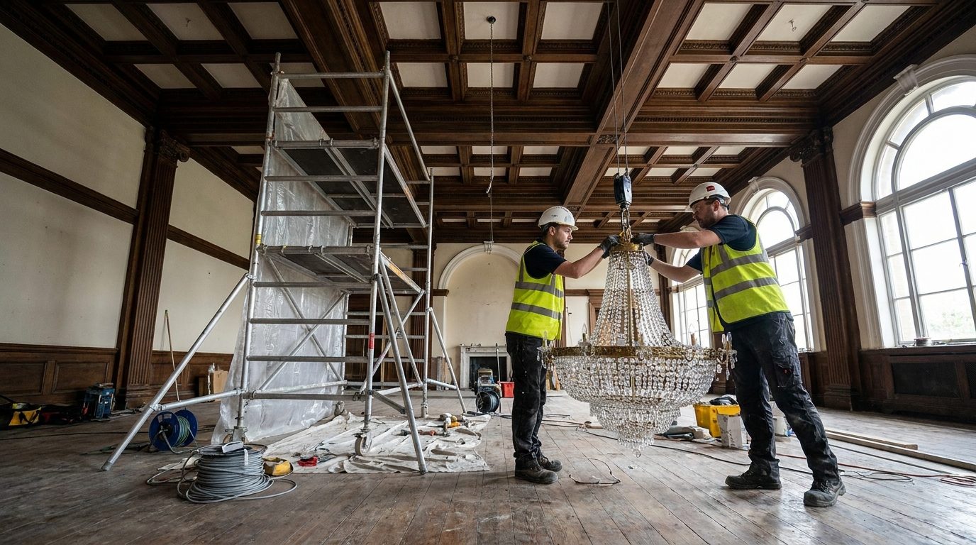 Electricians servicing a lobby chandelier from scaffolding