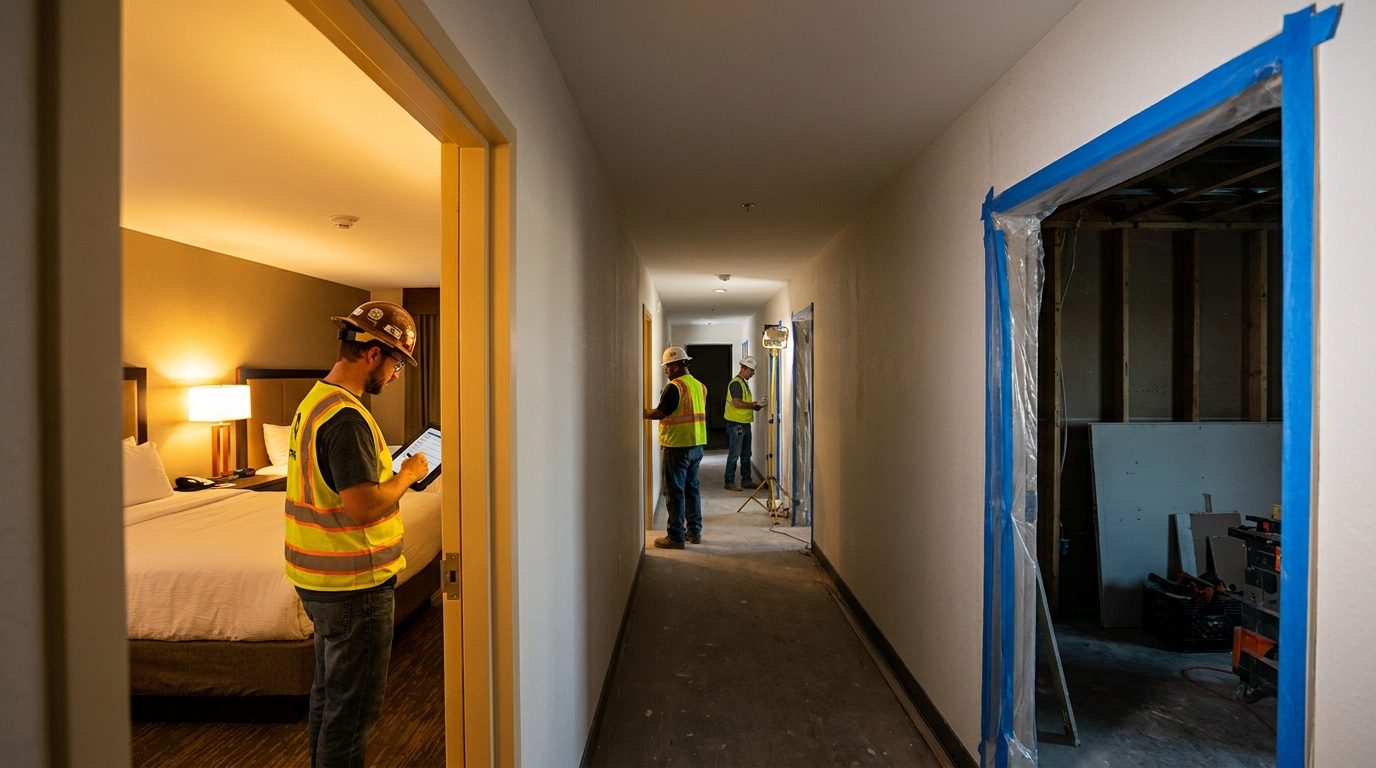 Finished guestroom beside a corridor still under renovation