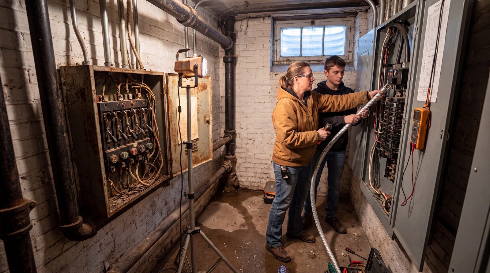 Technicians inspecting an aged electrical panel in a historic hotel basement