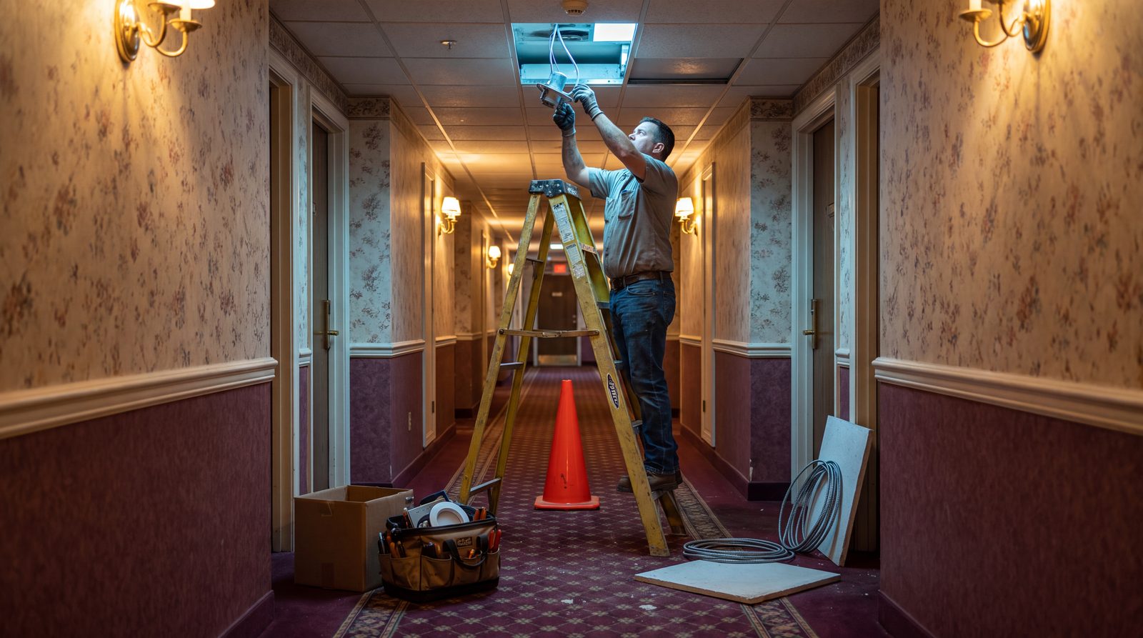 Corridor lighting retrofit in progress in a hotel hallway