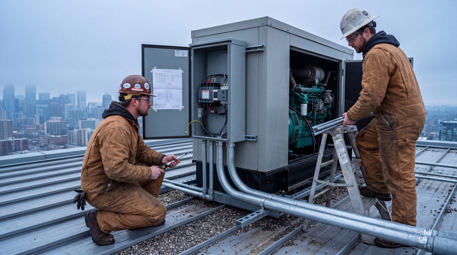 Electricians working on a rooftop generator and automatic transfer switch