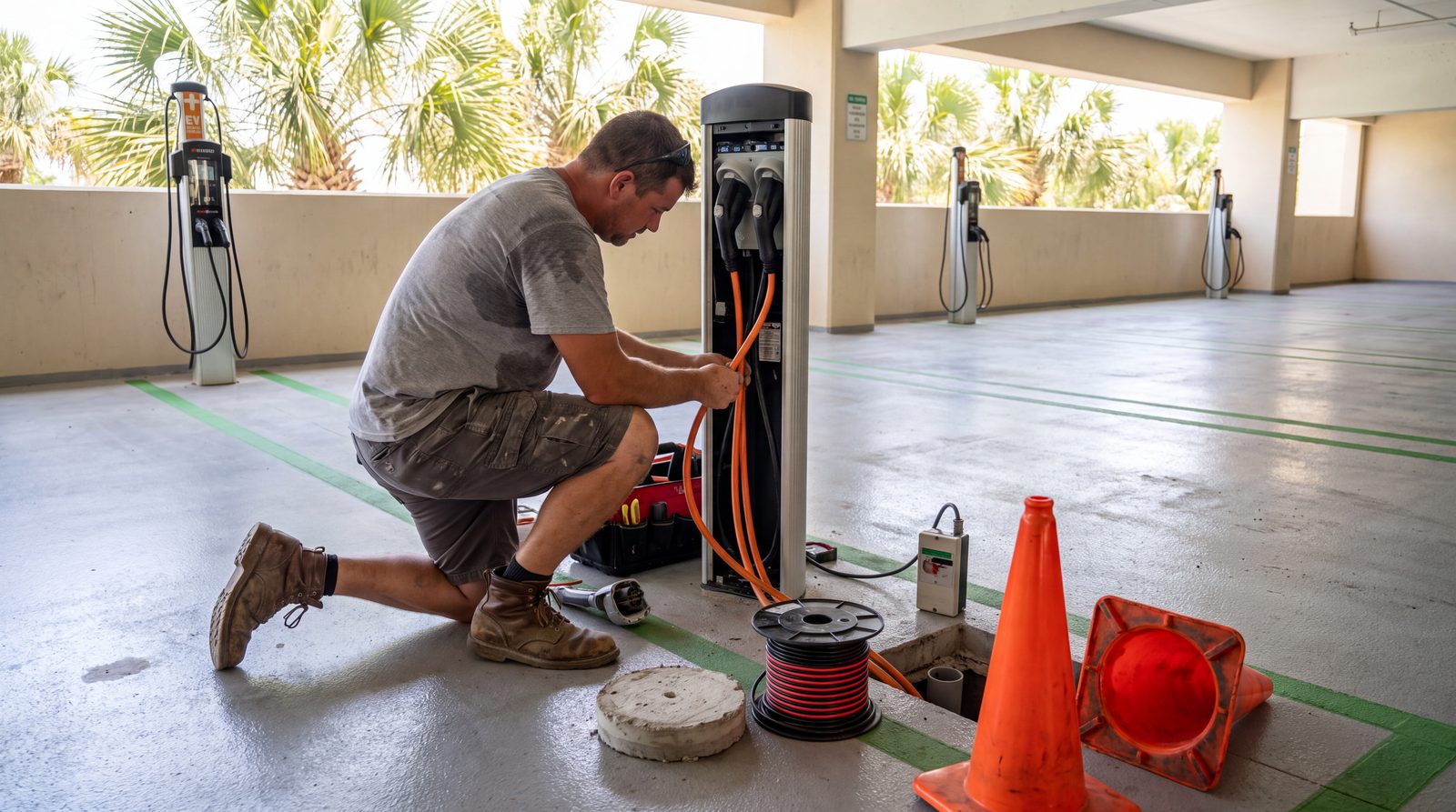 Electrician commissioning EV charging stations in a resort parking area