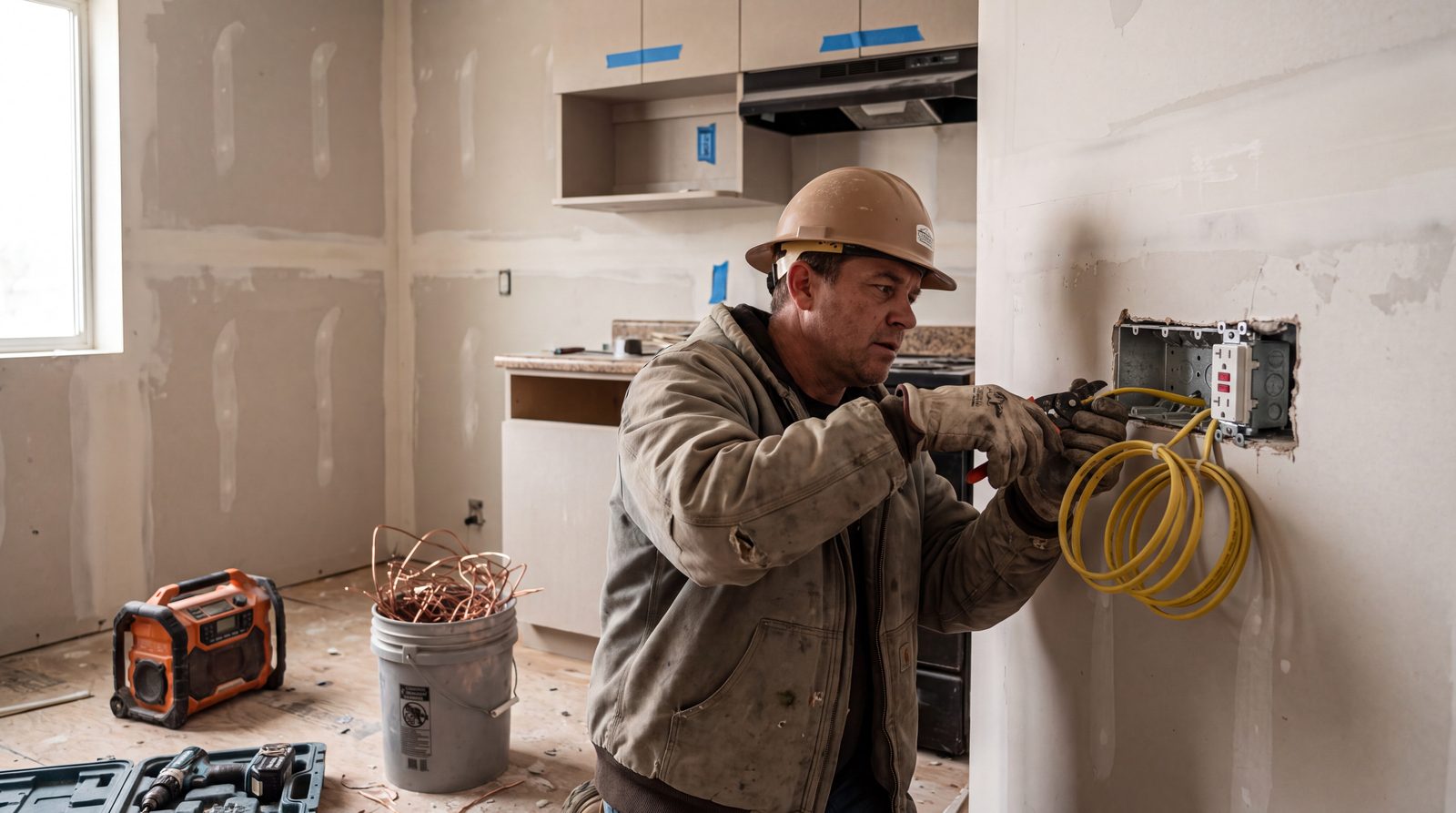 Electrician wiring a device box in an extended-stay kitchenette