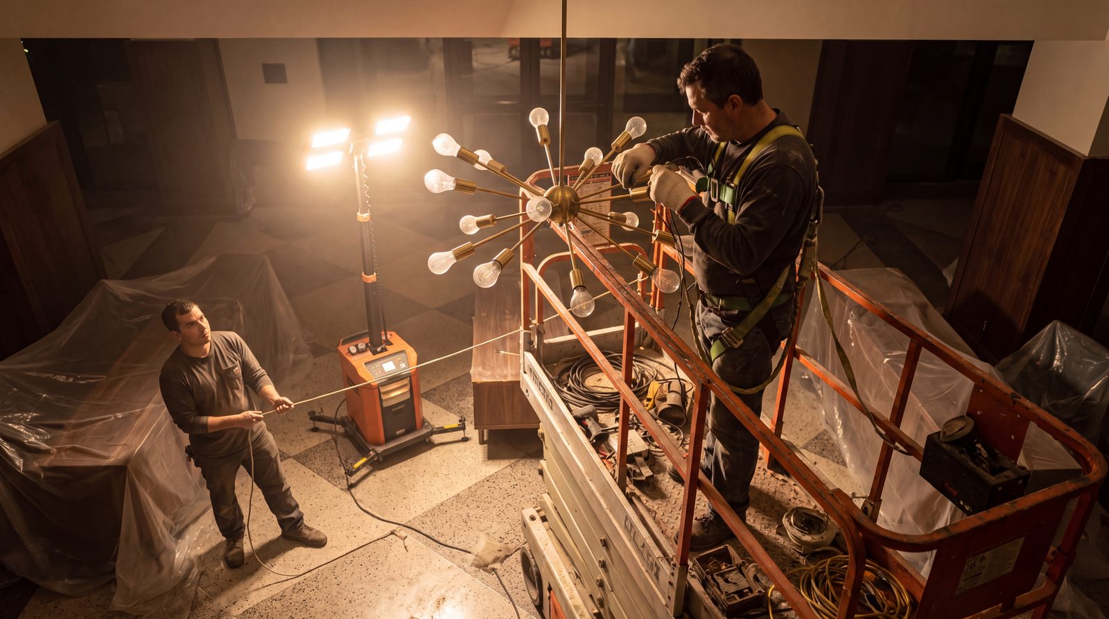 Crew installing a large feature chandelier in a boutique hotel lobby