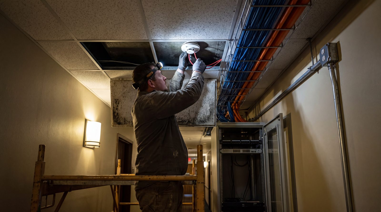 Fire alarm device being installed above an open ceiling grid