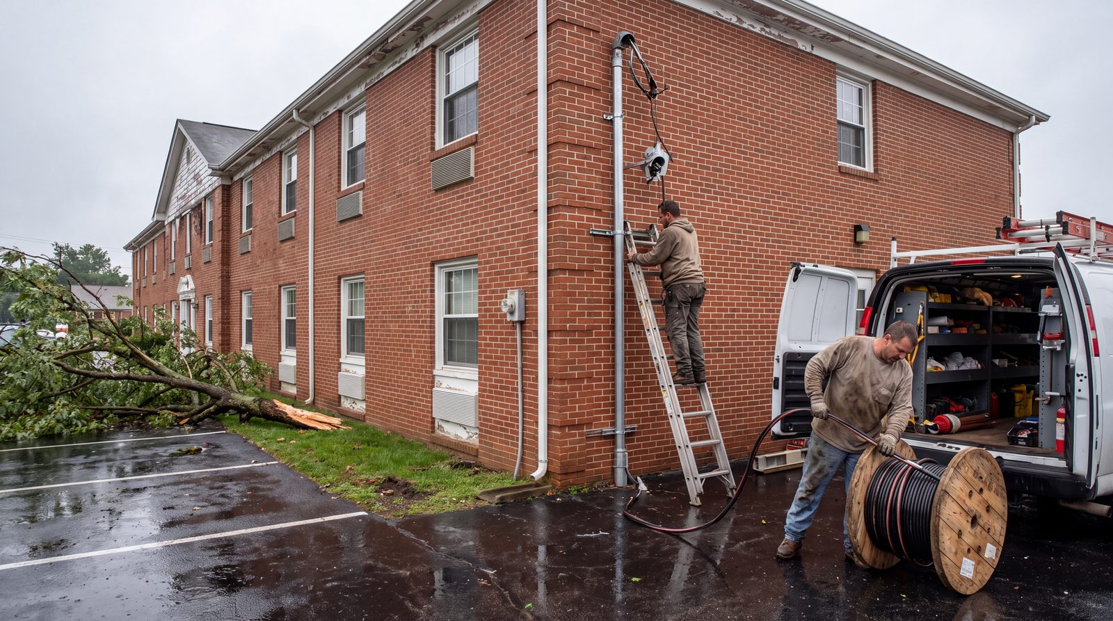 Crew responding to storm damage at a property in the rain
