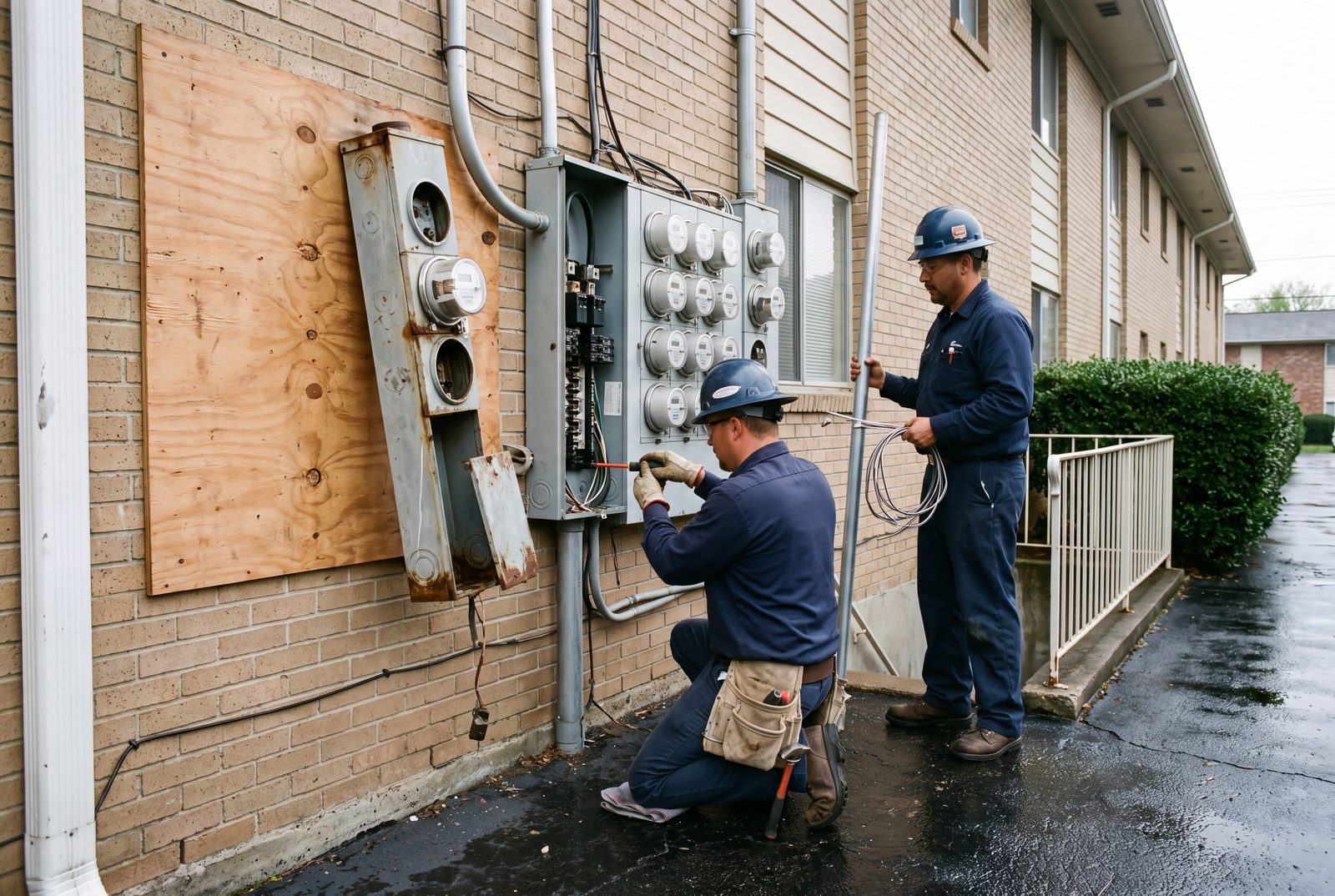 Electricians working on a meter stack at a garden-style apartment building
