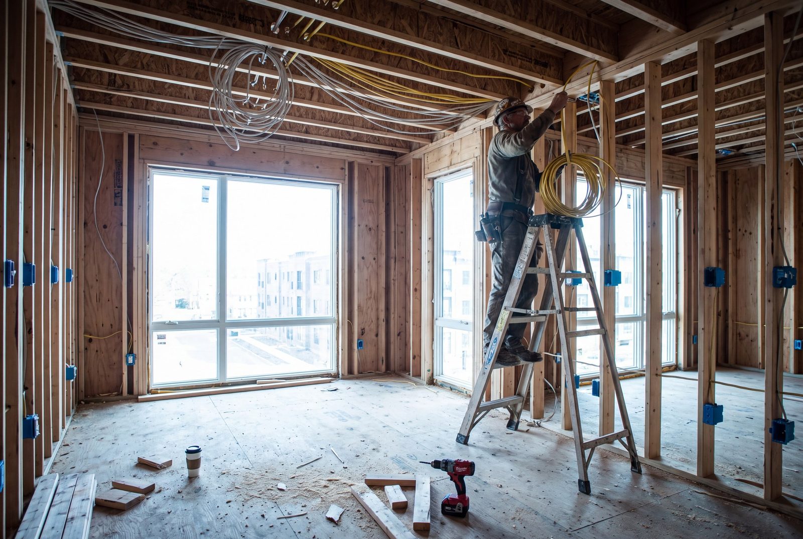 Rough-in wiring in an open wood-frame apartment building
