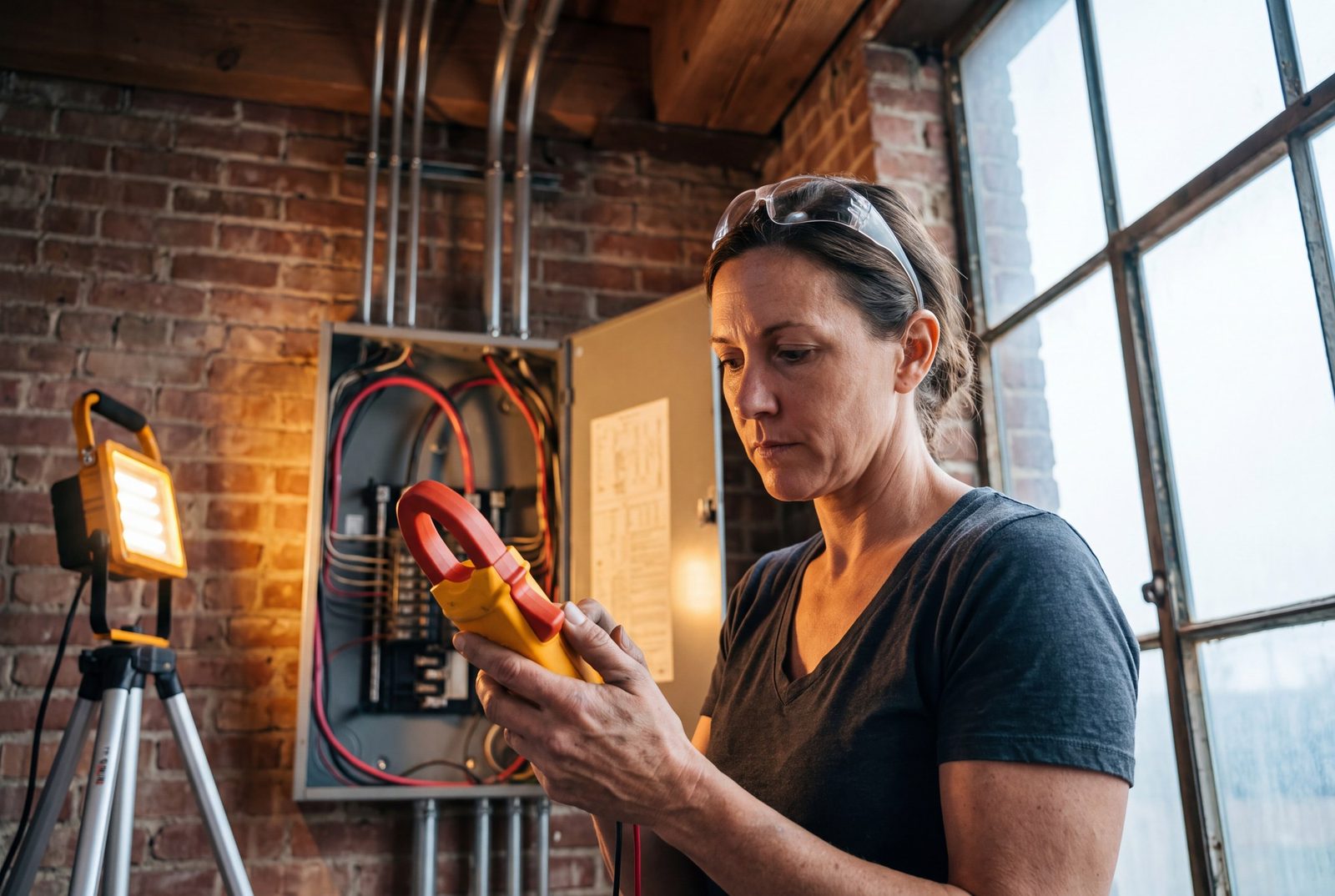 Electrician troubleshooting an apartment panel in a brick loft unit