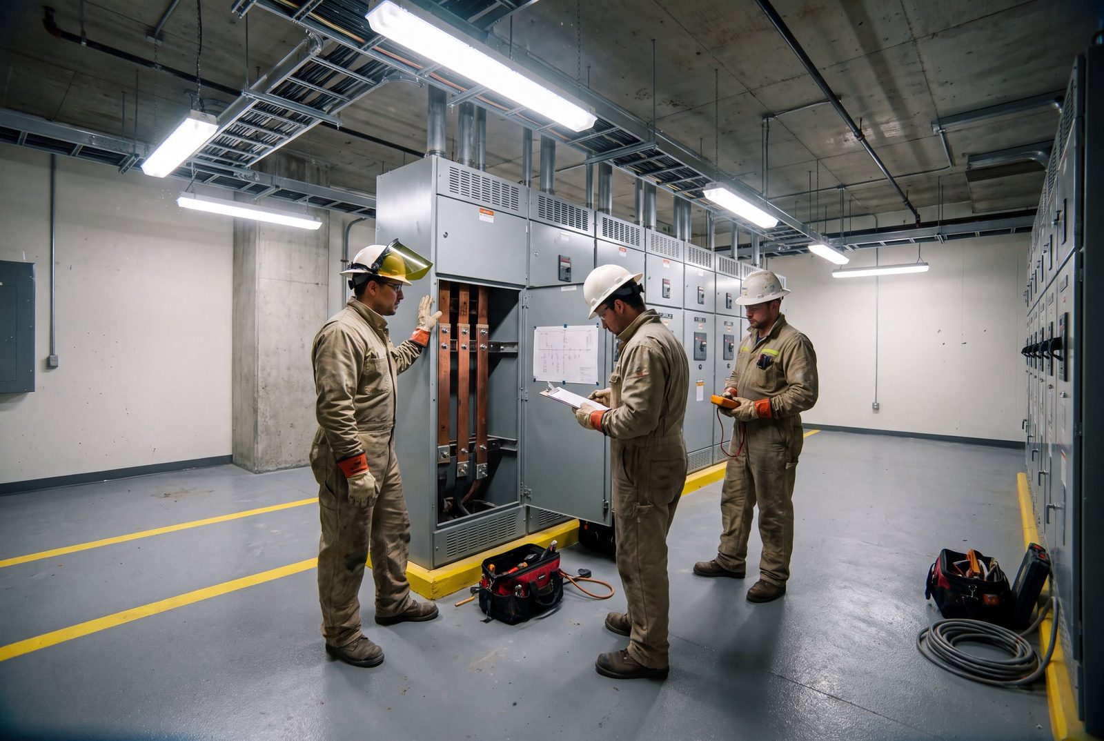 Crew reviewing switchgear in a high-rise electrical room