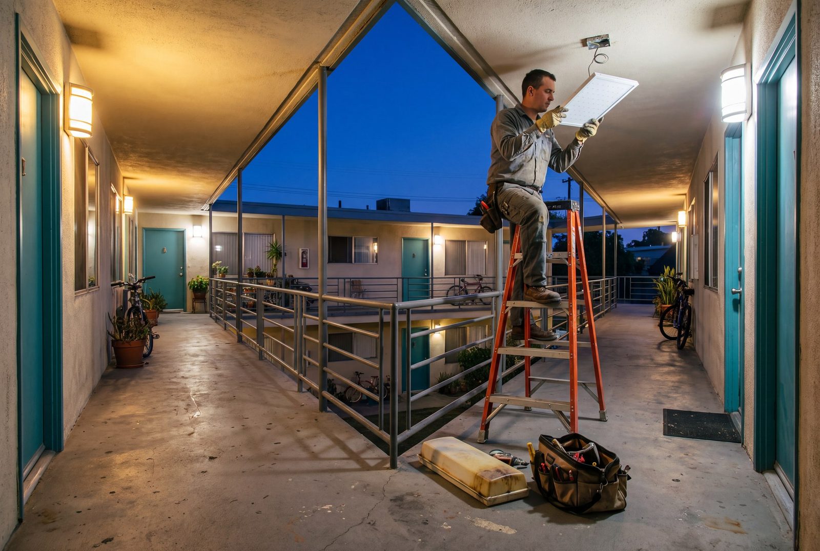 Breezeway lighting retrofit at an apartment complex at dusk