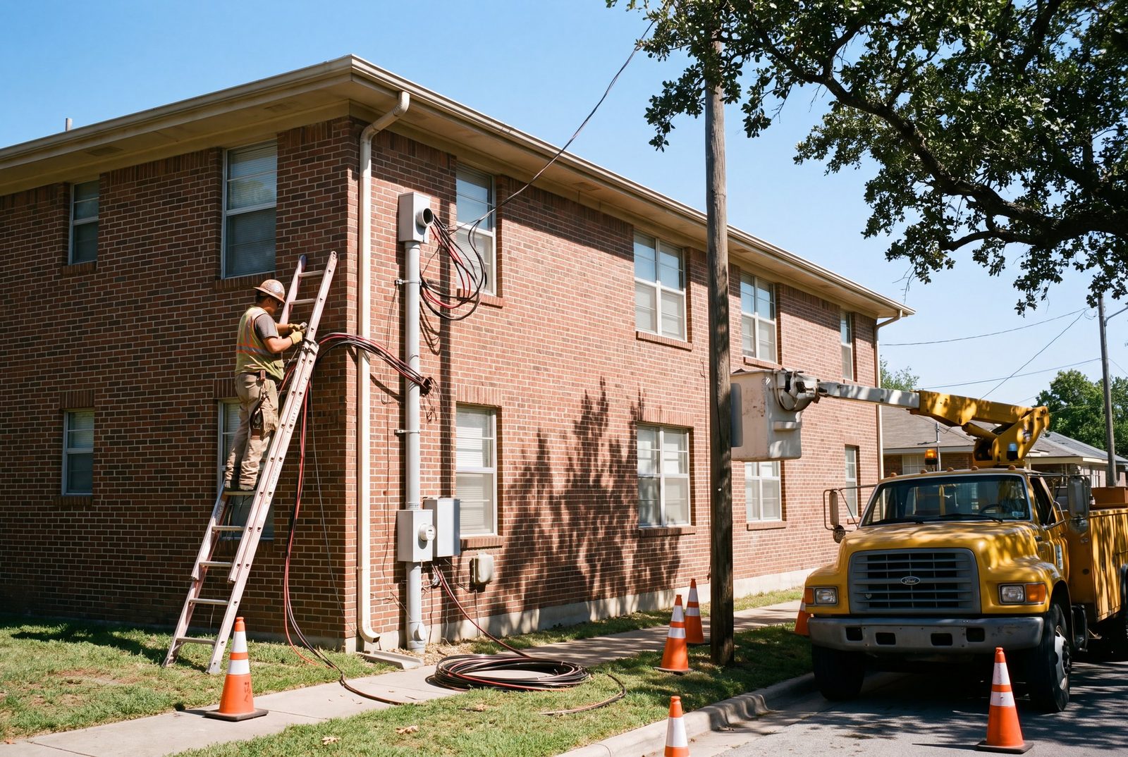 Service upgrade underway on a brick fourplex