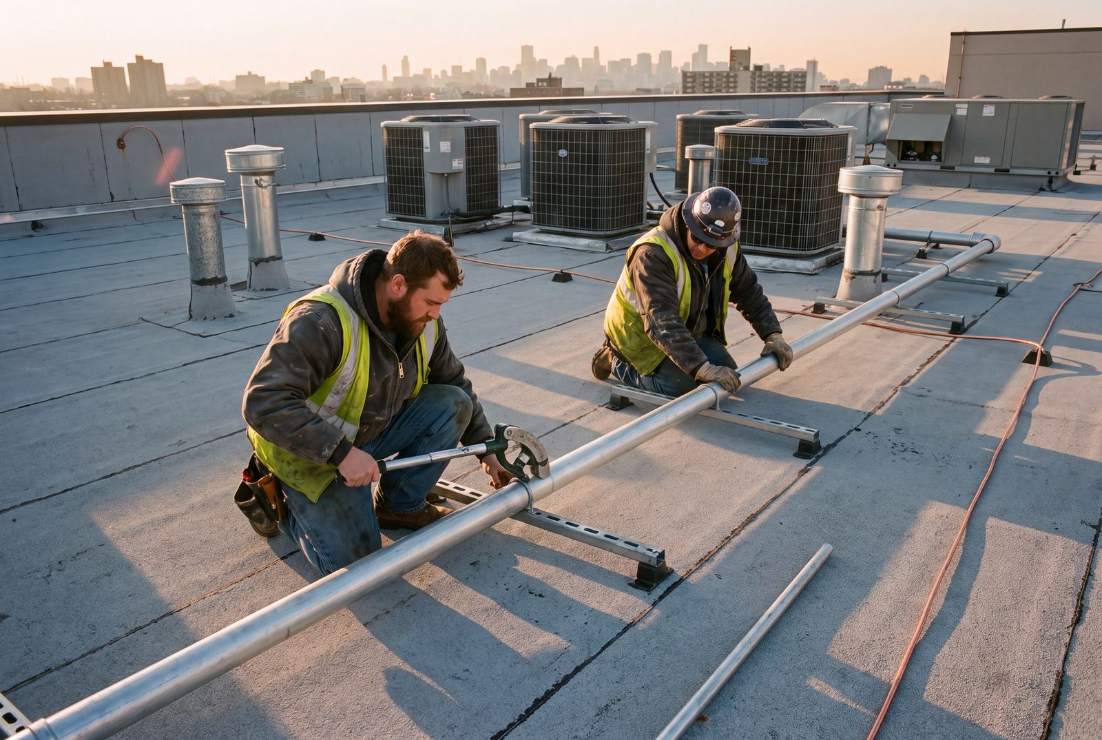 Electricians installing rooftop feeder conduit on a flat-roof apartment building