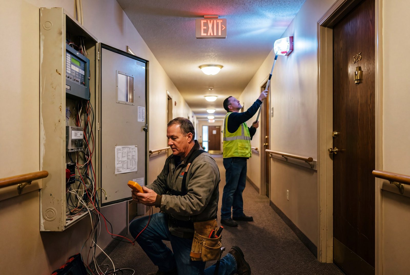 Electrician installing a fire alarm device in a residential building corridor