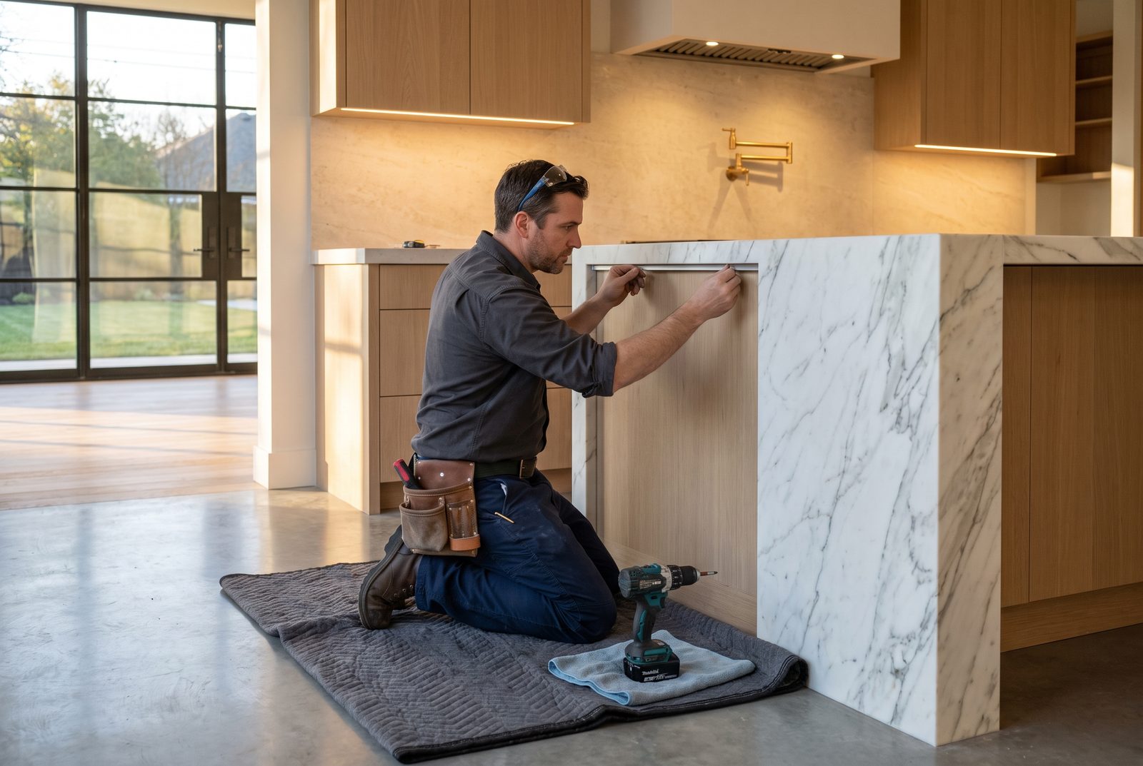 Electrician installing under-cabinet power at a kitchen island during a home remodel