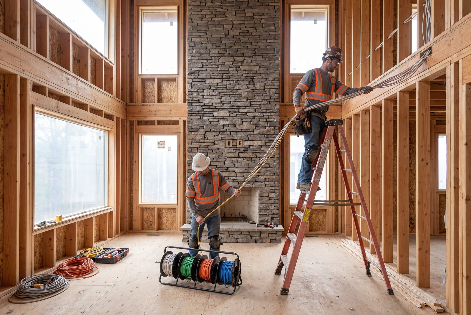 Electricians running rough-in wiring in a new-construction home