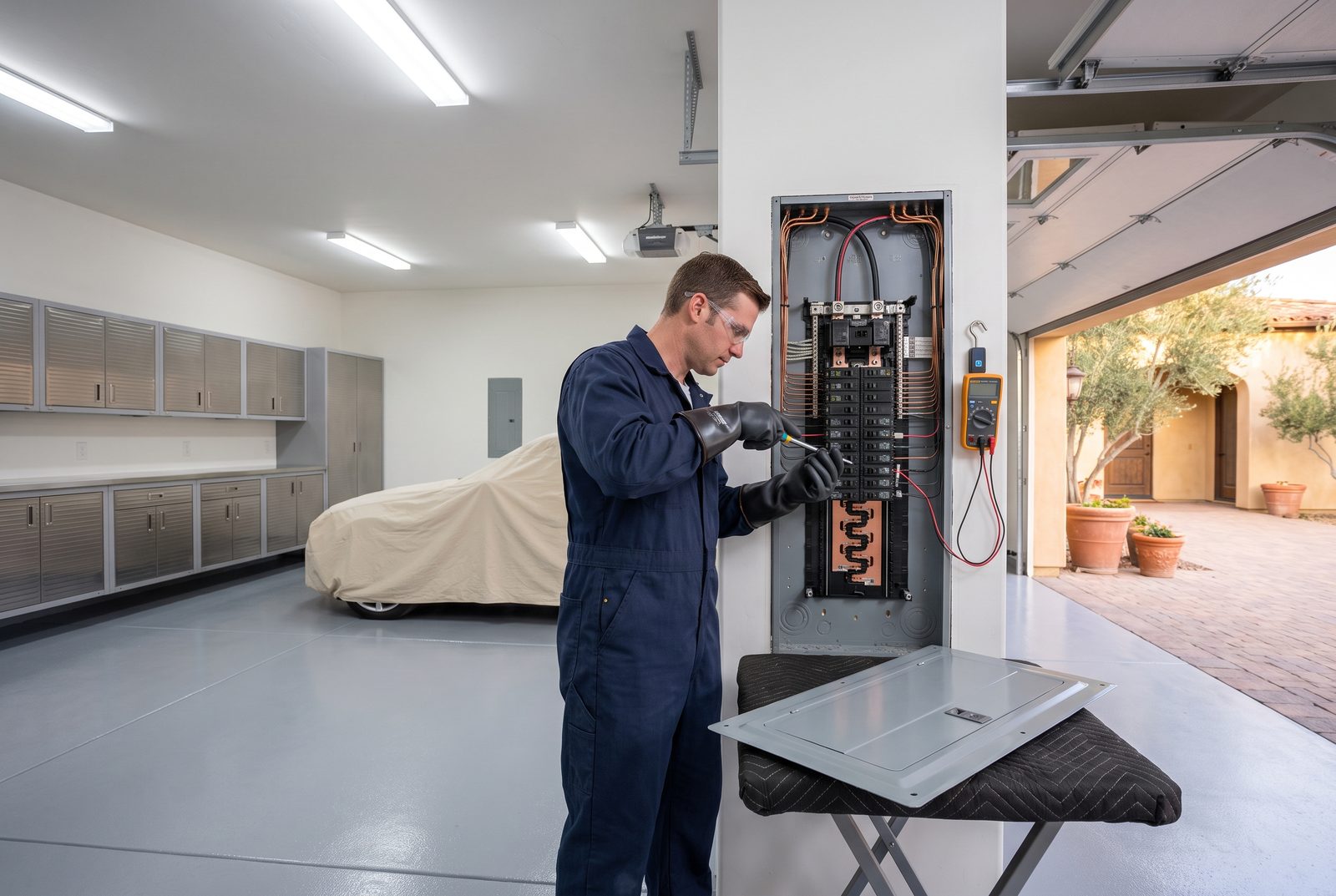 Electrician working inside an open service panel in a home garage