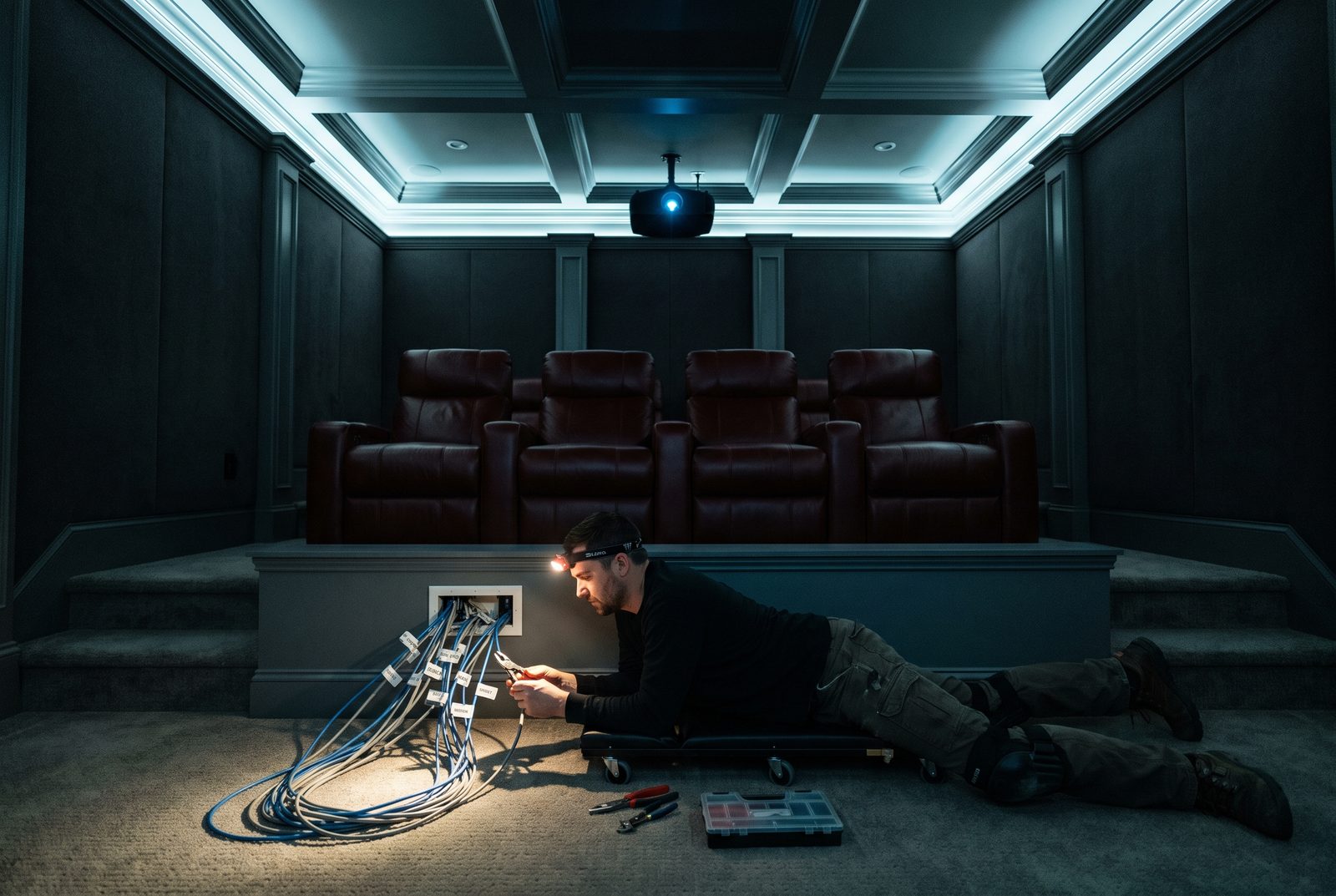 Electrician terminating low-voltage cabling in a home theater