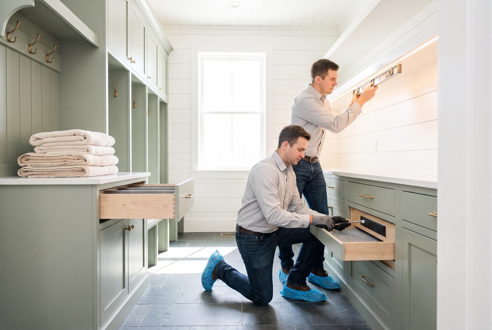 Electricians installing a built-in charging drawer in a mudroom