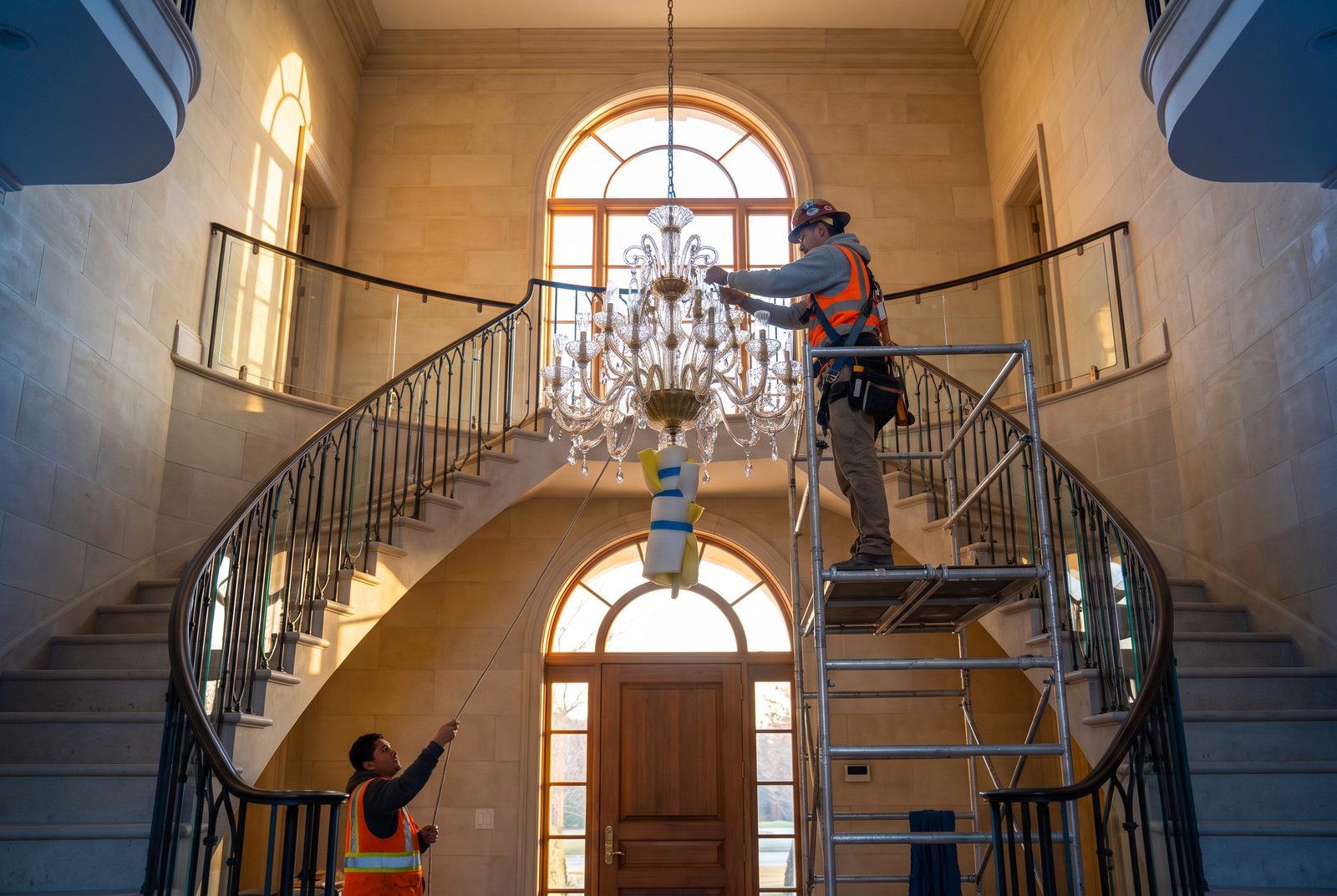 Crew installing a chandelier in a two-story home foyer