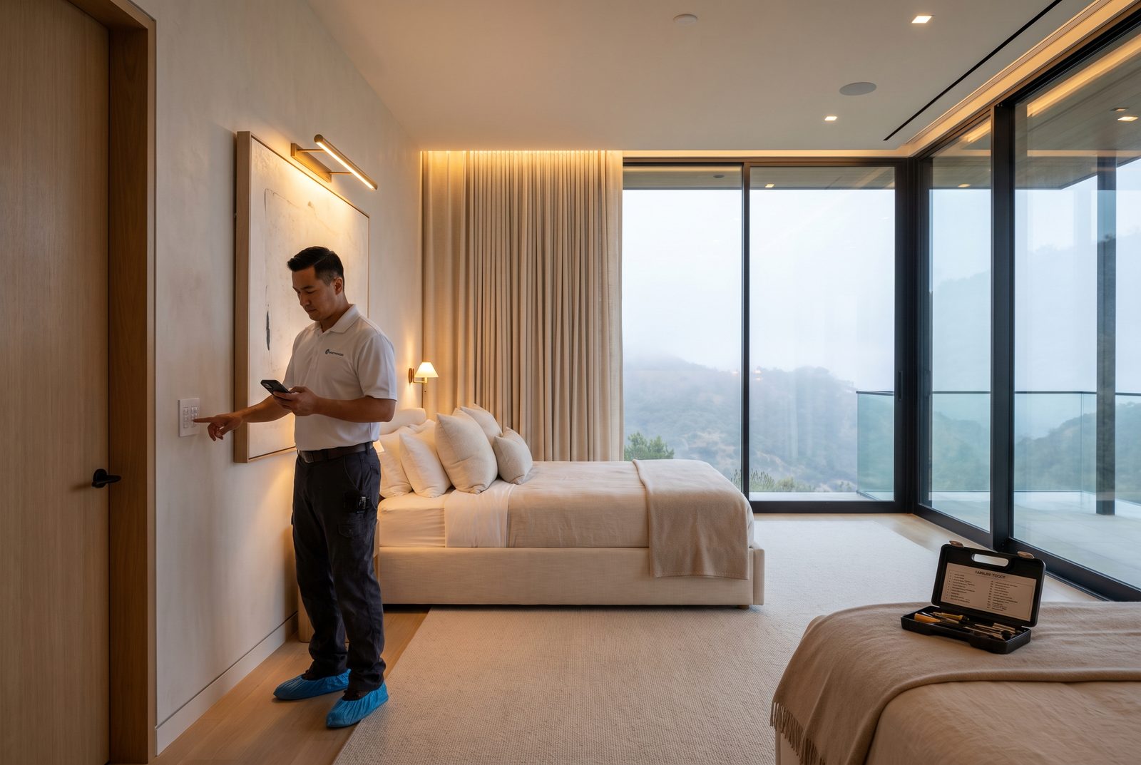 Electrician commissioning smart lighting controls in a primary bedroom